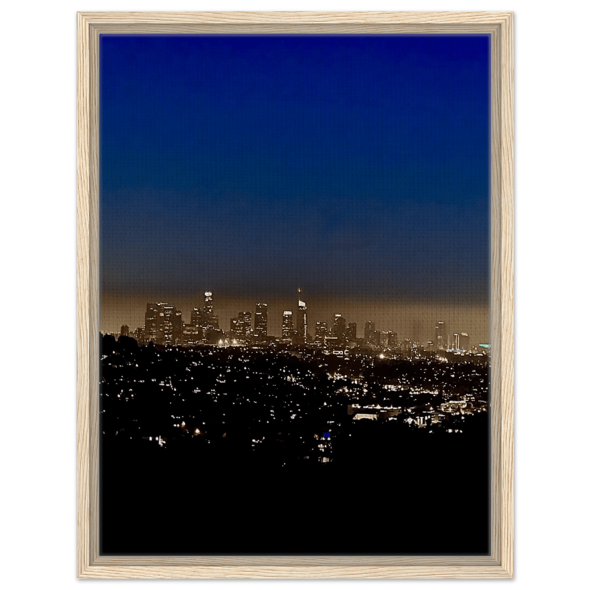 Premium wooden framed canvas print of Los Angeles Downtown Nightglow, elegant cityscape wall art for home decor.