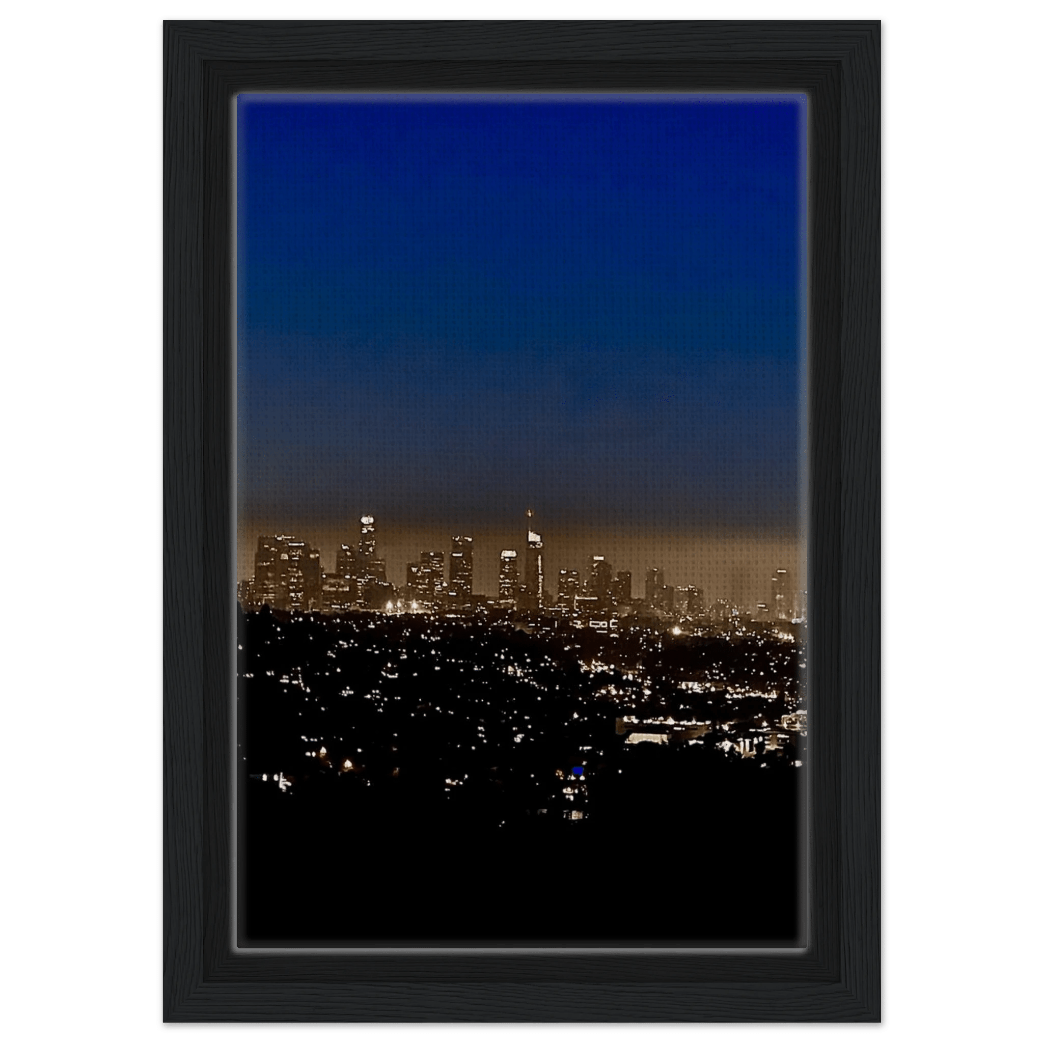 Premium wooden framed canvas print of Los Angeles Downtown Nightglow art, elegant home wall decor, California studio edition.