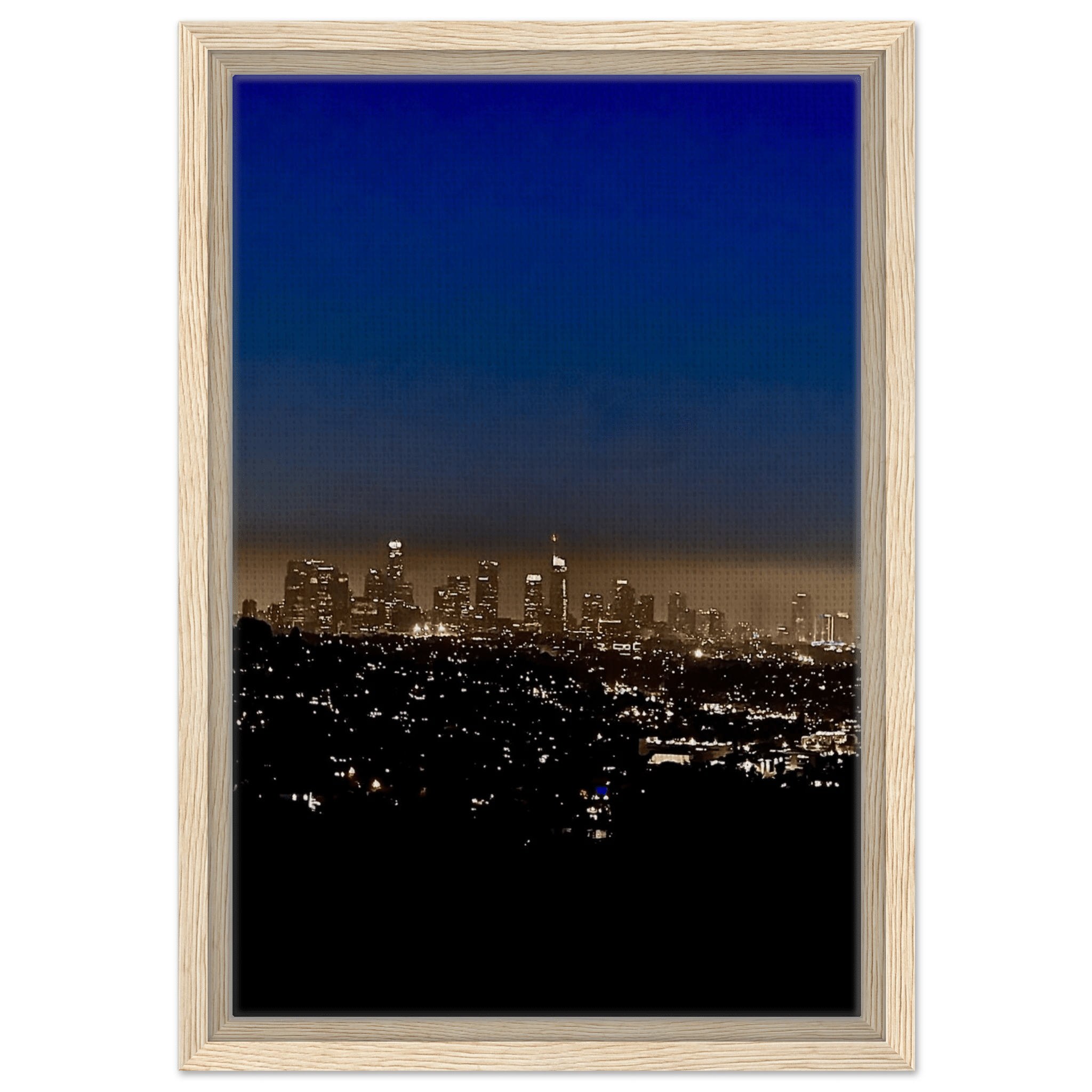 Premium wooden framed canvas print of Los Angeles Downtown Nightglow, elegant California wall art for home decor.