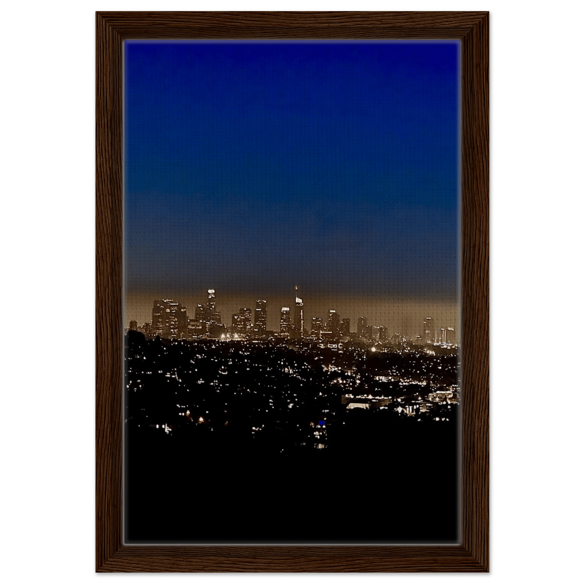 Premium wooden framed canvas print of Los Angeles downtown nightglow, elegant home wall art, California studio edition.