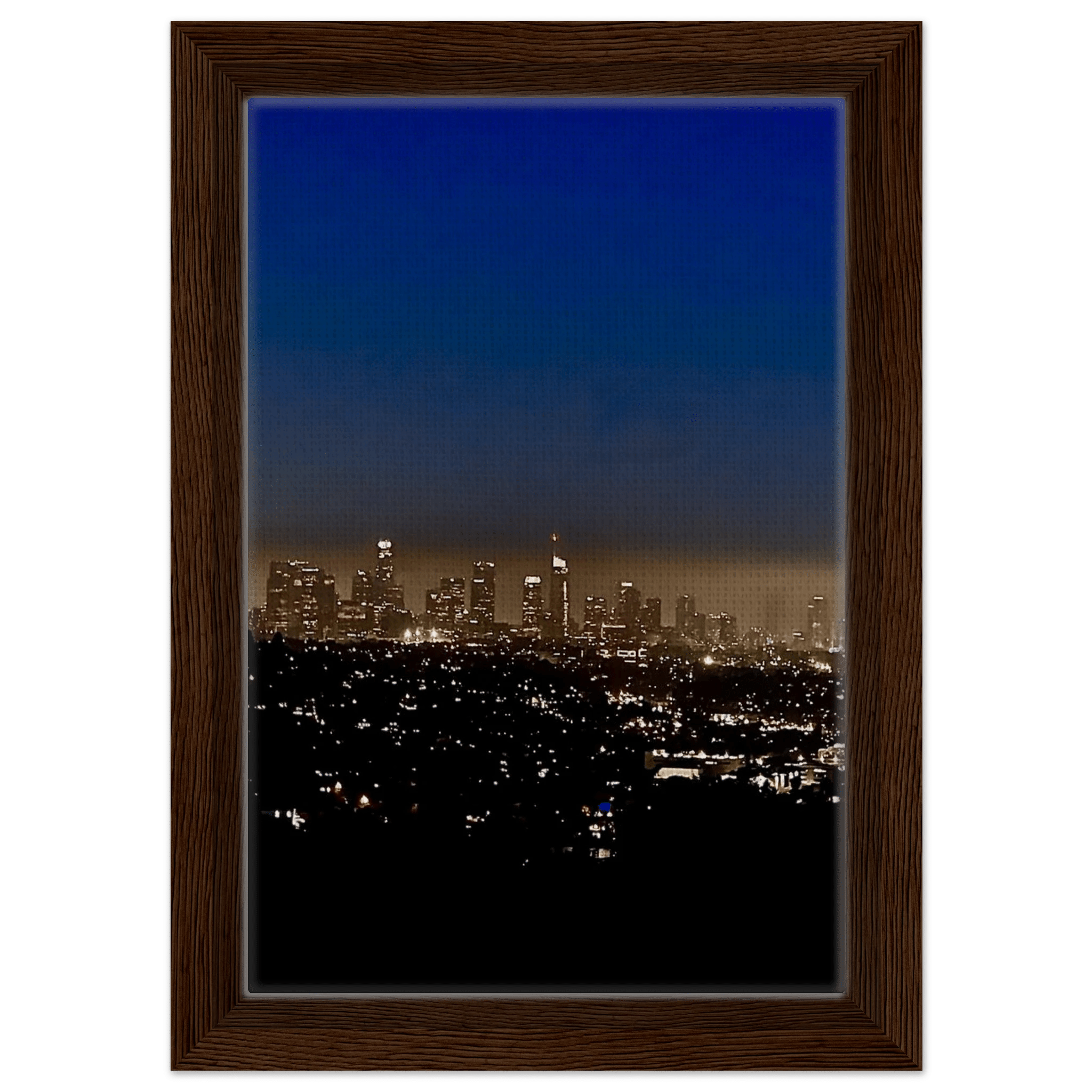 Premium wooden framed canvas print of Los Angeles downtown nightglow, elegant home wall art, California studio edition.