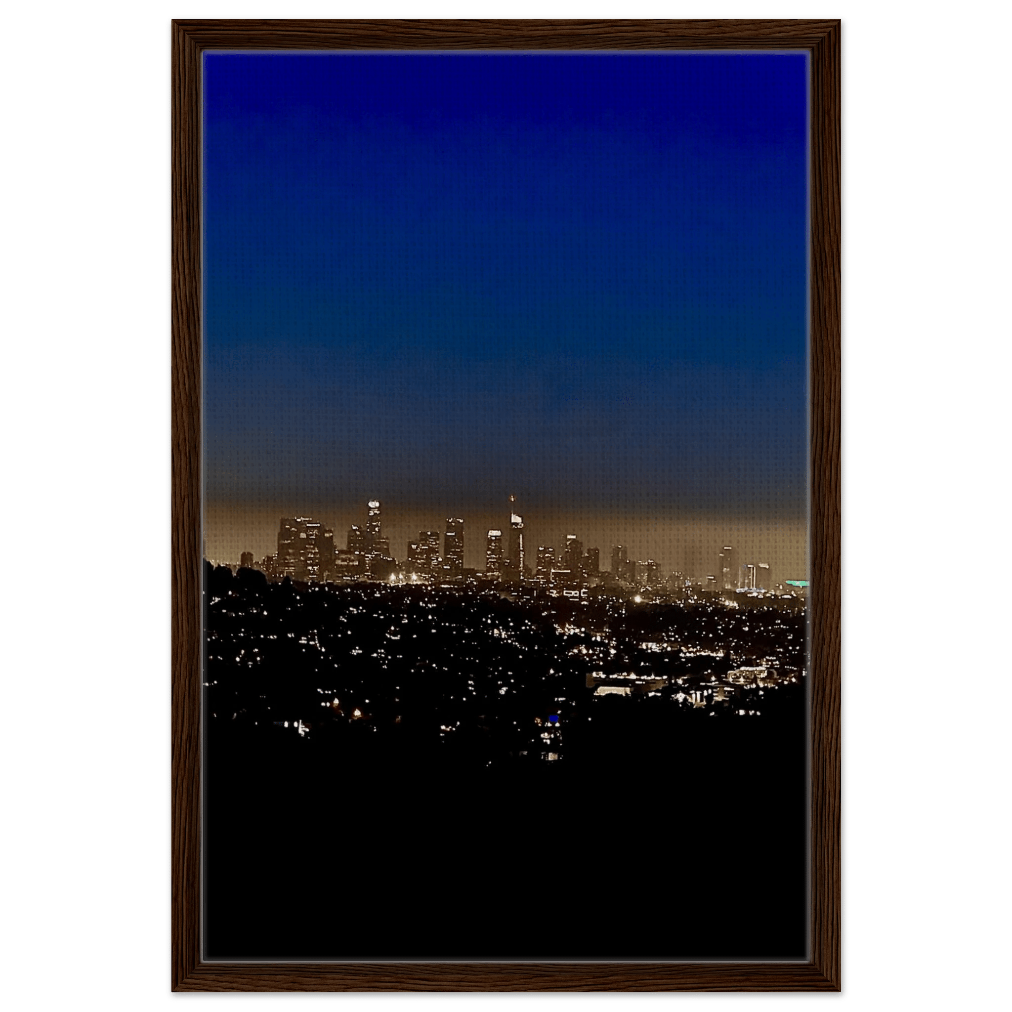 Premium wooden framed canvas print of Los Angeles Downtown Nightglow, elegant home wall art featuring California skyline at night.
