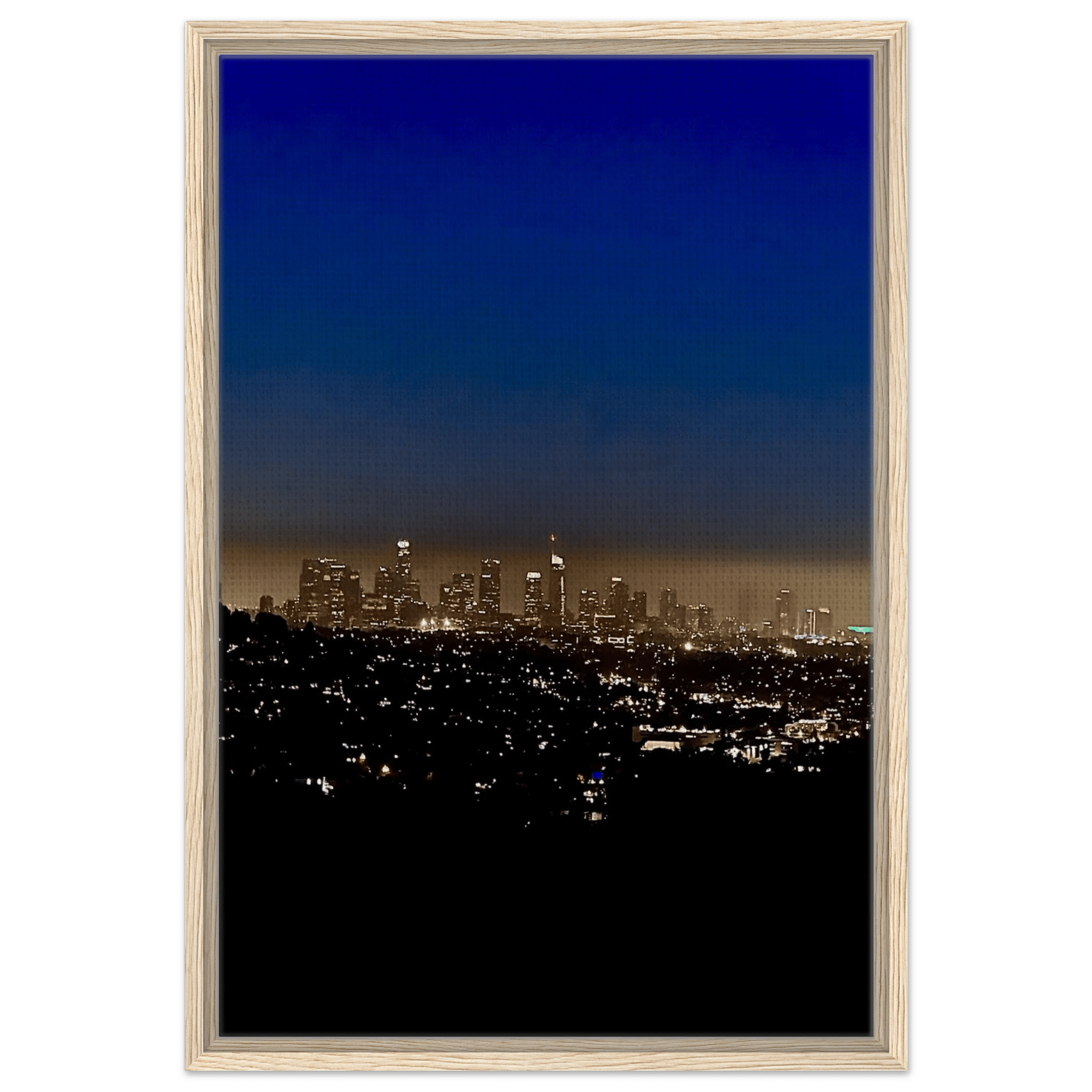 Premium wooden framed canvas print of Los Angeles Downtown Nightglow, elegant home wall art showcasing California cityscape.