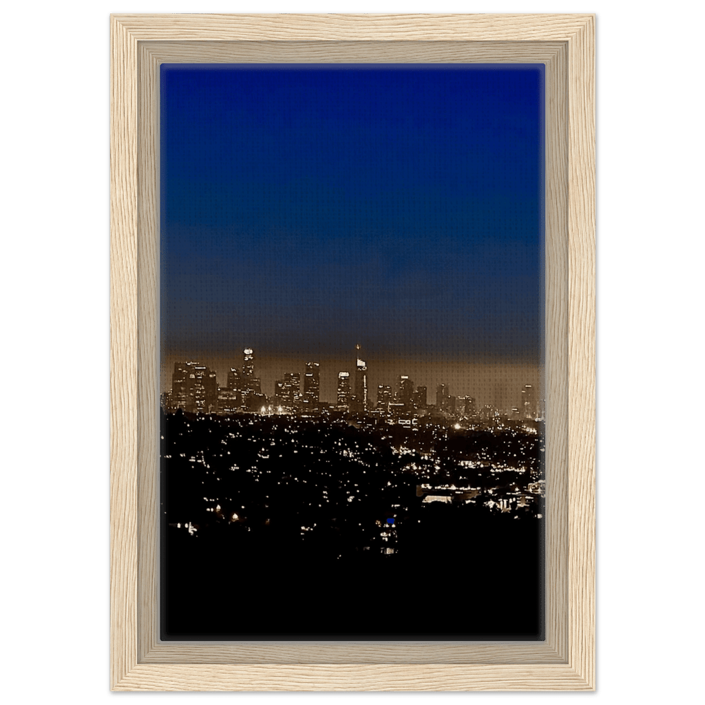 Premium wooden framed canvas print of Los Angeles Downtown Nightglow, elegant home wall art, California landscape, Studio Edition.