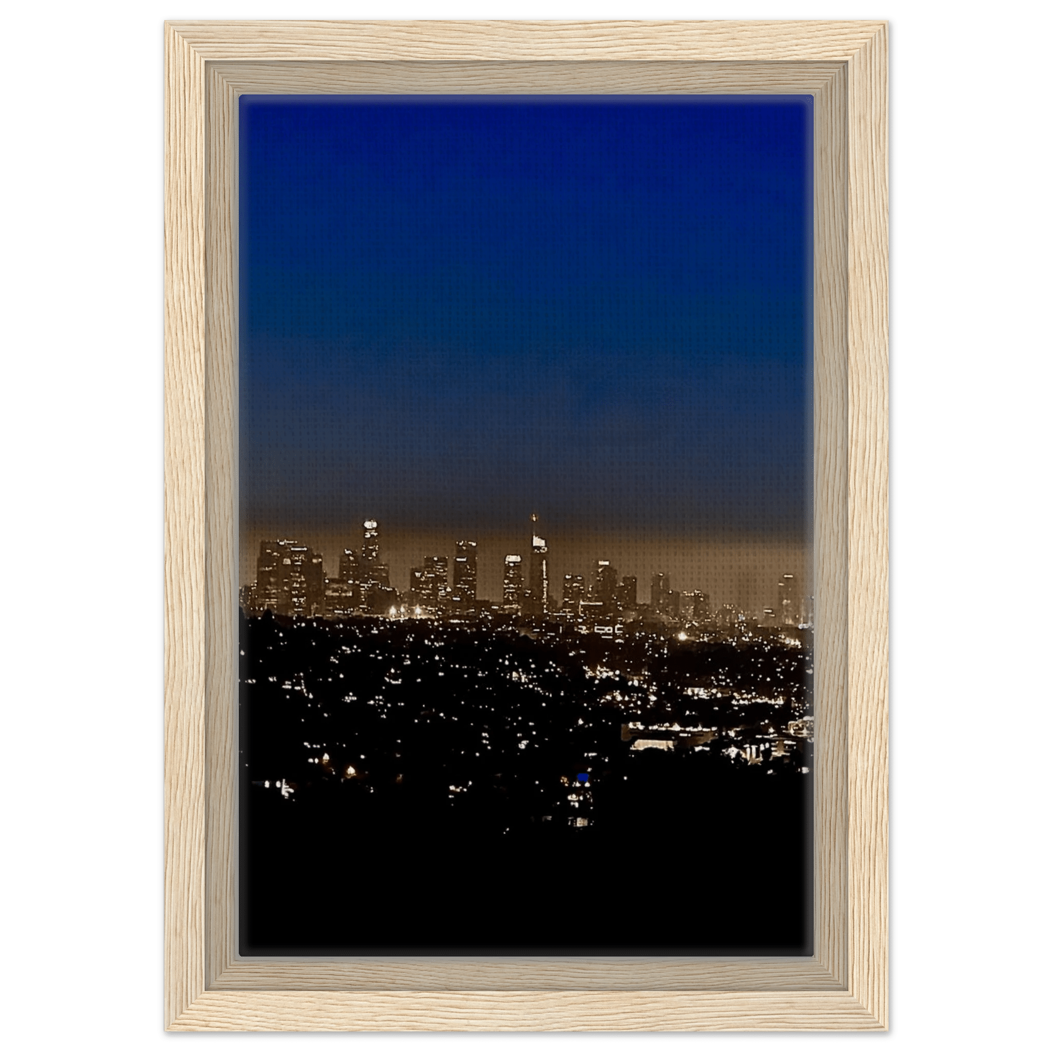 Premium wooden framed canvas print of Los Angeles Downtown Nightglow, elegant home wall art featuring California cityscape.