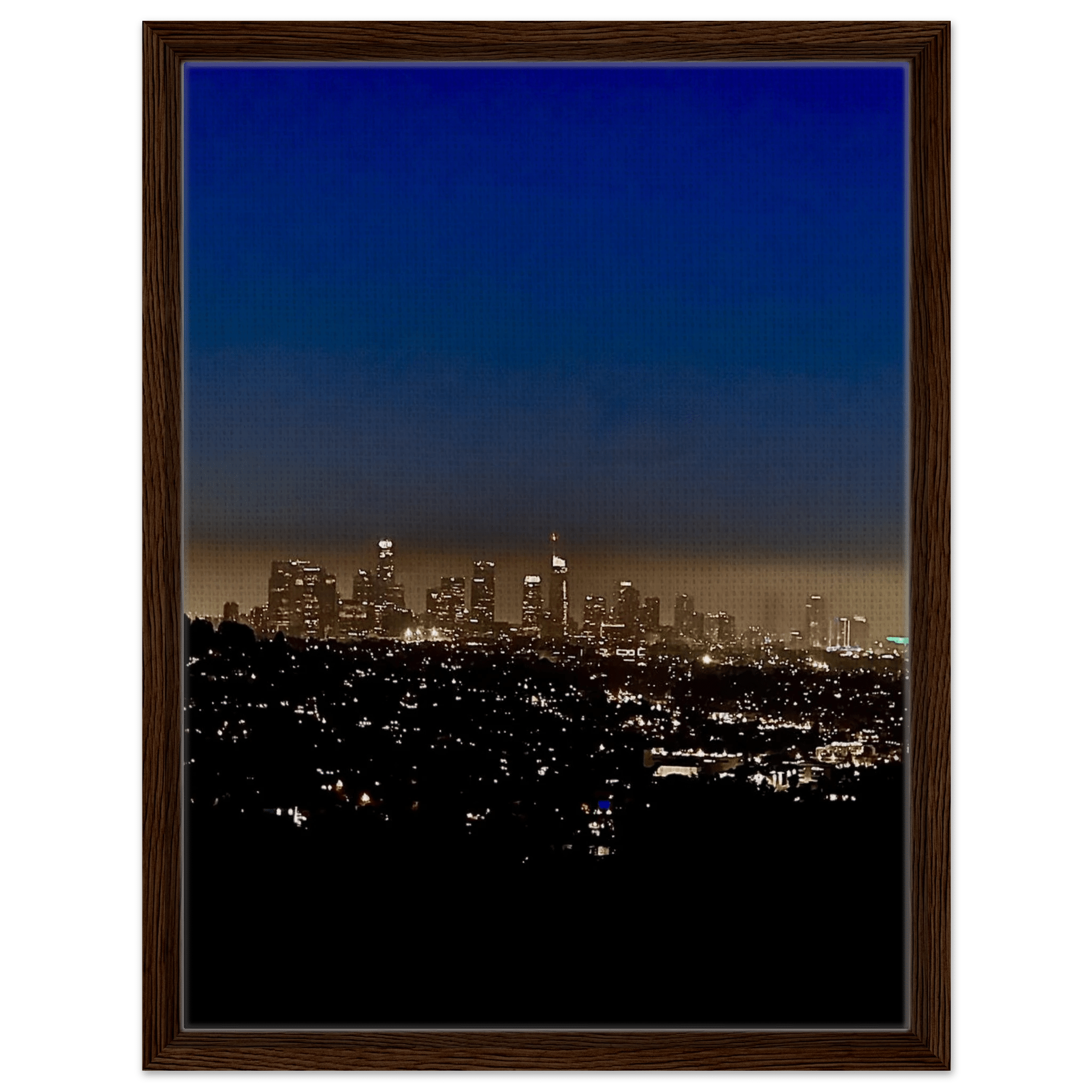 Premium wooden framed canvas print of Los Angeles Downtown Nightglow, elegant California wall art, Studio Edition holiday decor.