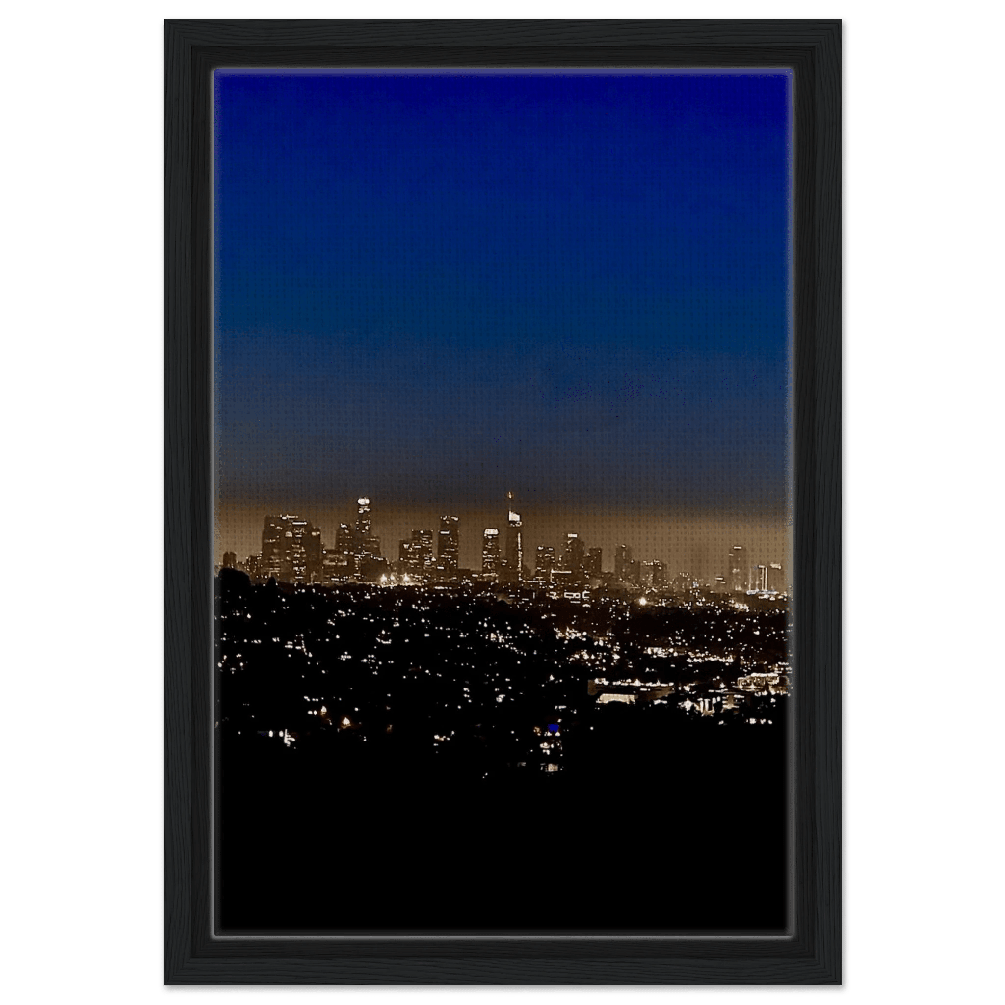 Premium wooden framed canvas print of Los Angeles Downtown Nightglow, elegant home wall art featuring California skyline.