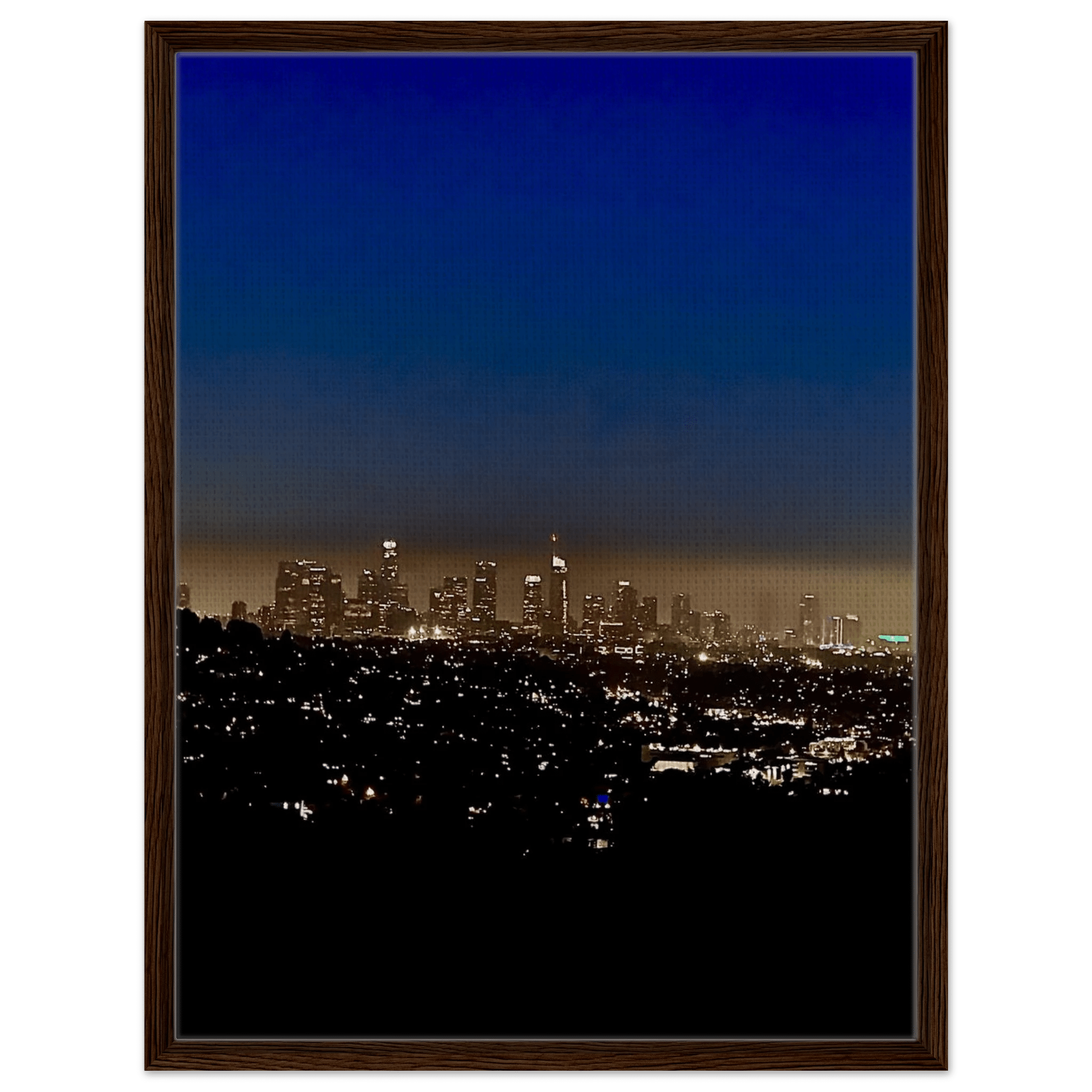 Premium wooden framed canvas print of Los Angeles Downtown Nightglow, elegant cityscape wall art, studio edition California canvas.
