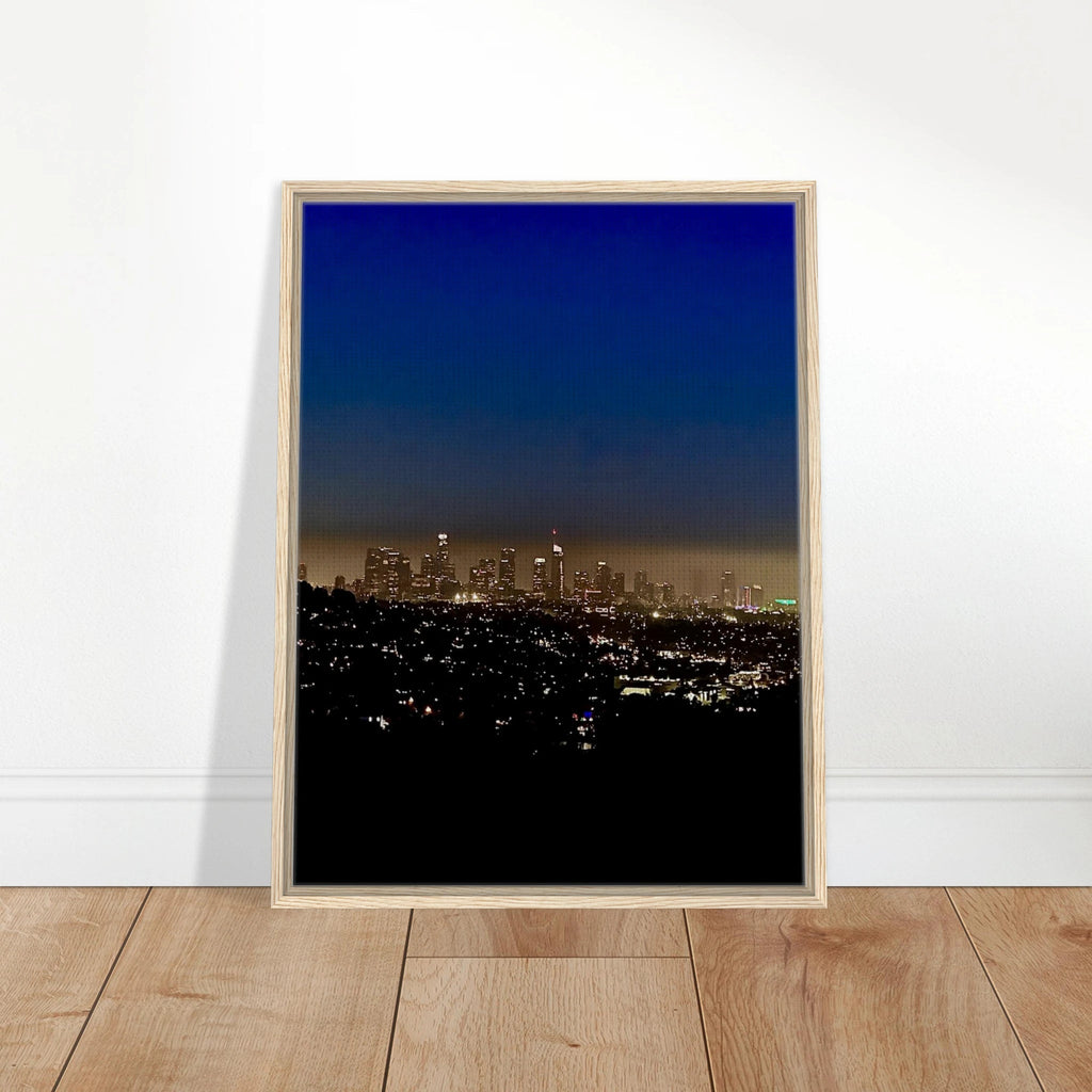 Premium wooden framed canvas print of Los Angeles Downtown Nightglow, elegant home wall art, 20x30 cm studio edition.
