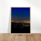 Premium wooden framed canvas print of Los Angeles Downtown Nightglow, elegant home wall art, 20x30 cm studio edition.