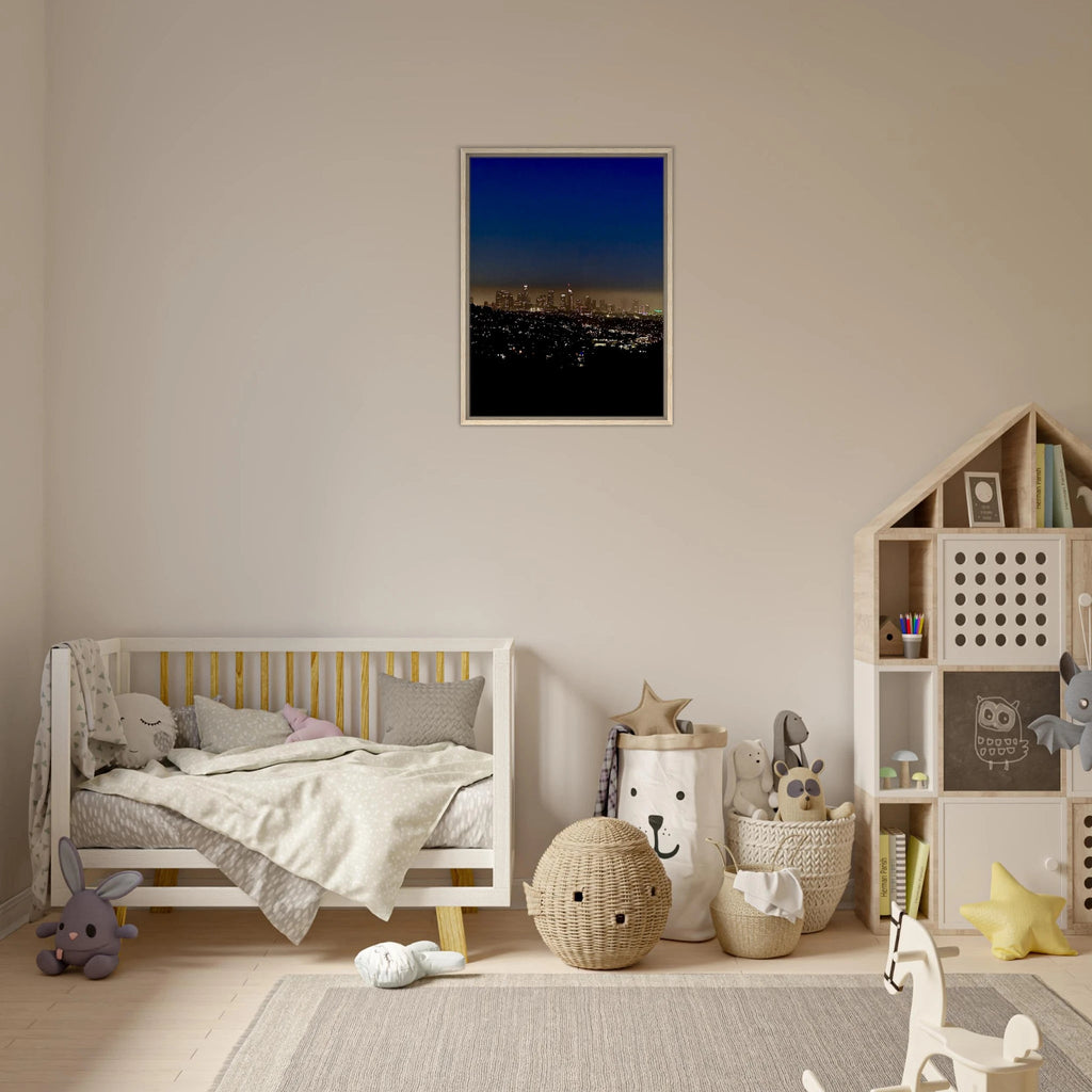 Premium wooden framed canvas print of Los Angeles downtown nightglow, elegant home wall art, California studio edition.