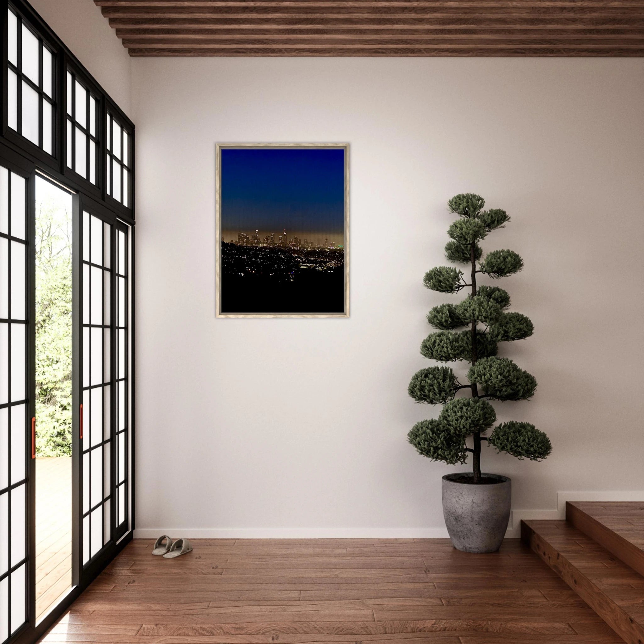 Premium wooden framed canvas print of Los Angeles downtown night glow, elegant home wall art, California studio edition.