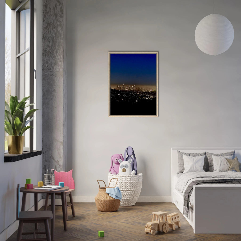 Premium wooden framed canvas print of Los Angeles Downtown Nightglow, elegant home wall art, California studio edition, 20x30 cm.
