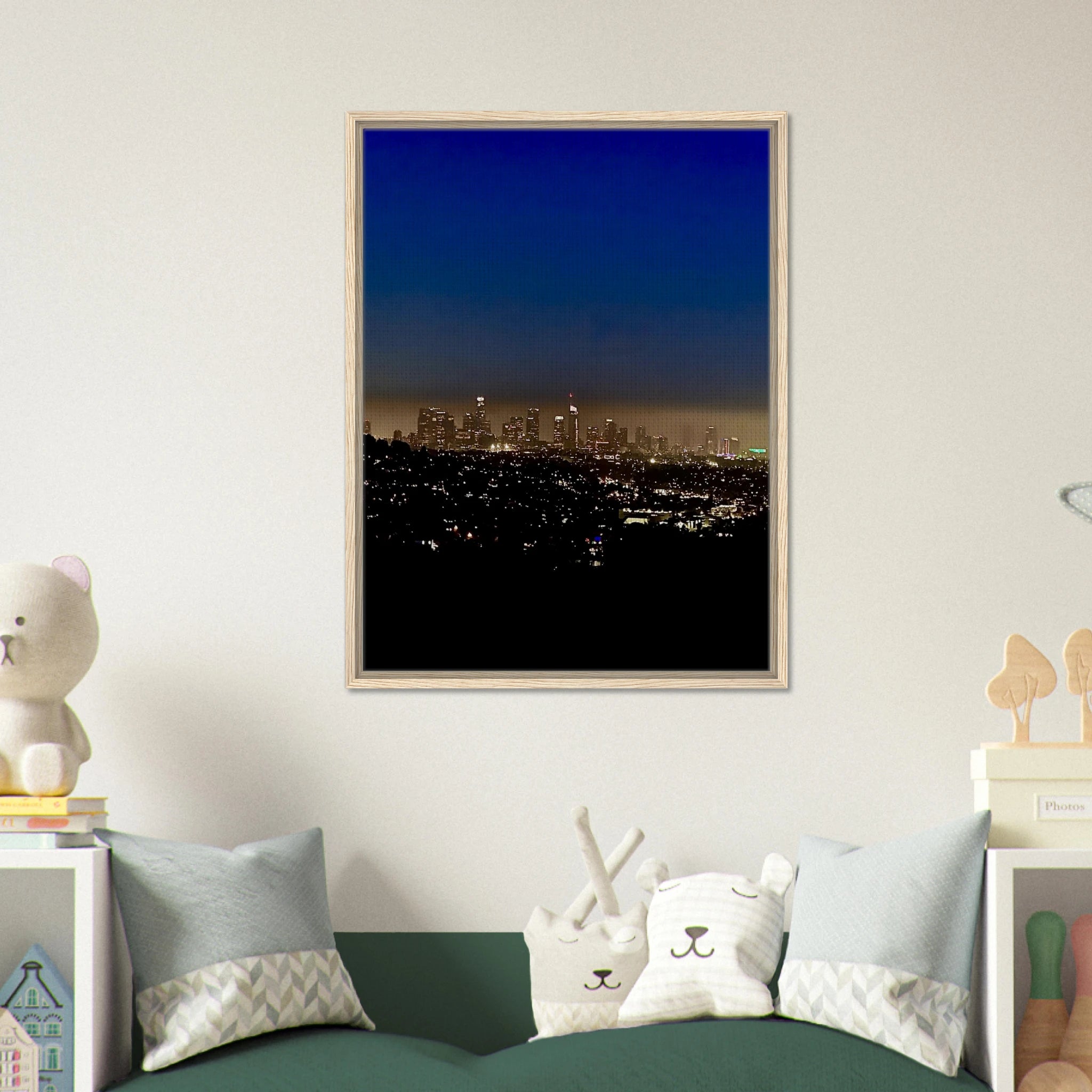 Premium wooden framed canvas print of Los Angeles Downtown Nightglow, elegant home wall art featuring California cityscape.