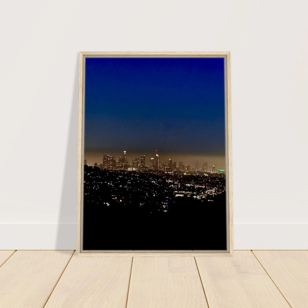 Premium wooden framed canvas print of Los Angeles Downtown Nightglow, elegant home wall art, California Studio Edition, 20x30 cm.