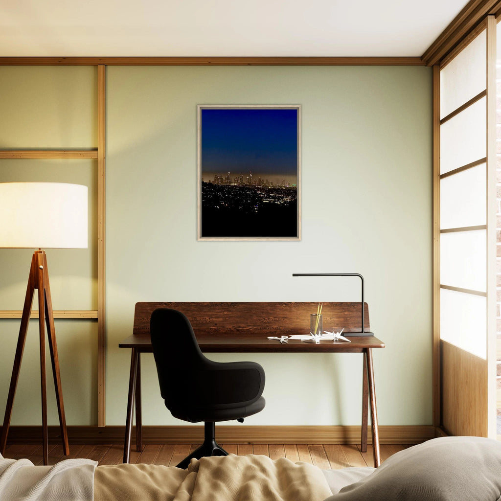 Premium wooden framed canvas print of Los Angeles Downtown Nightglow, elegant wall art for home decor, California studio edition.