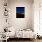 Premium wooden framed canvas print of Los Angeles downtown night glow, elegant home wall art, California Studio Edition.