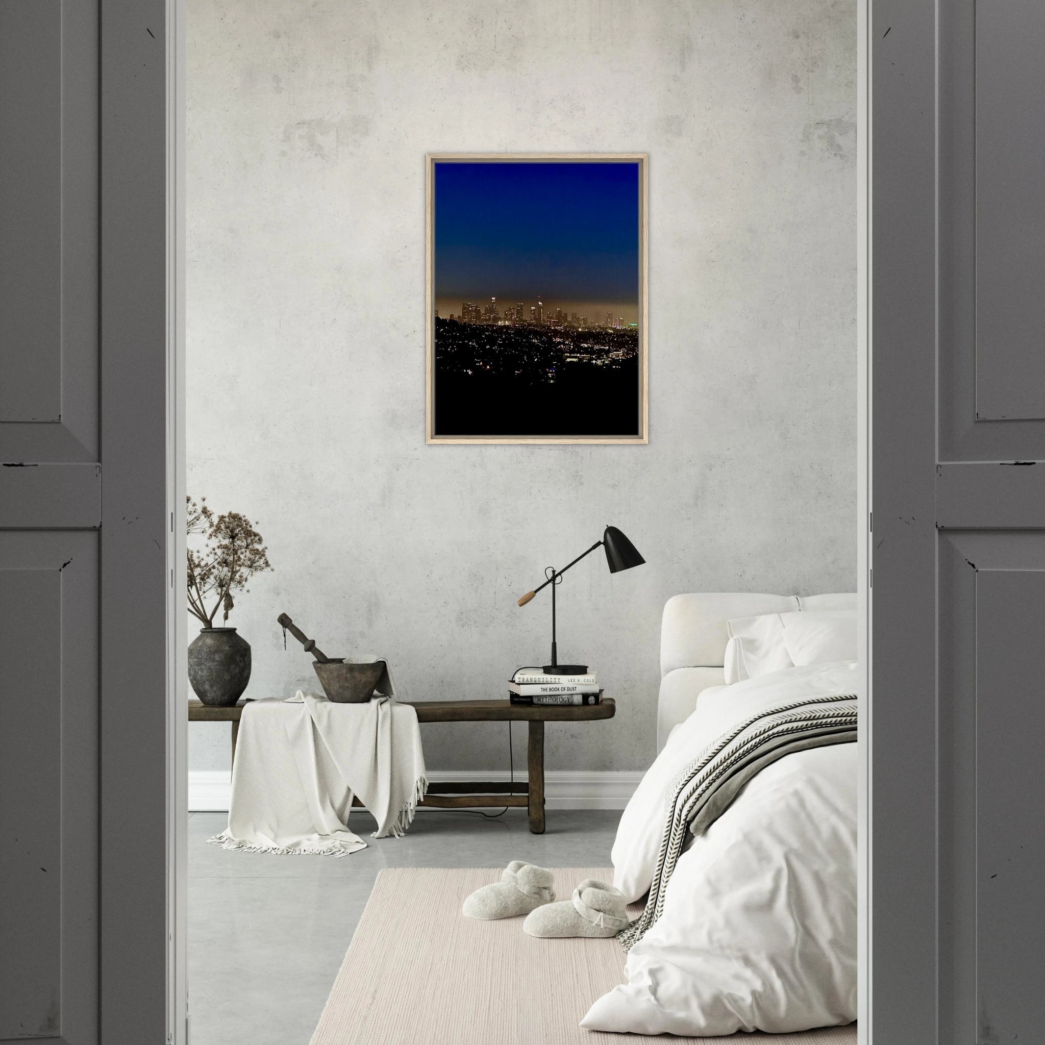 Premium wooden framed canvas print of Los Angeles Downtown Nightglow, elegant home wall art, California Studio Edition.