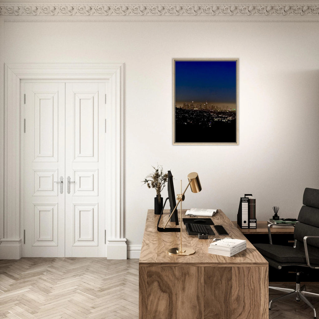 Premium wooden framed canvas print of Los Angeles Downtown Nightglow, elegant home wall art, California studio edition, holiday 25.