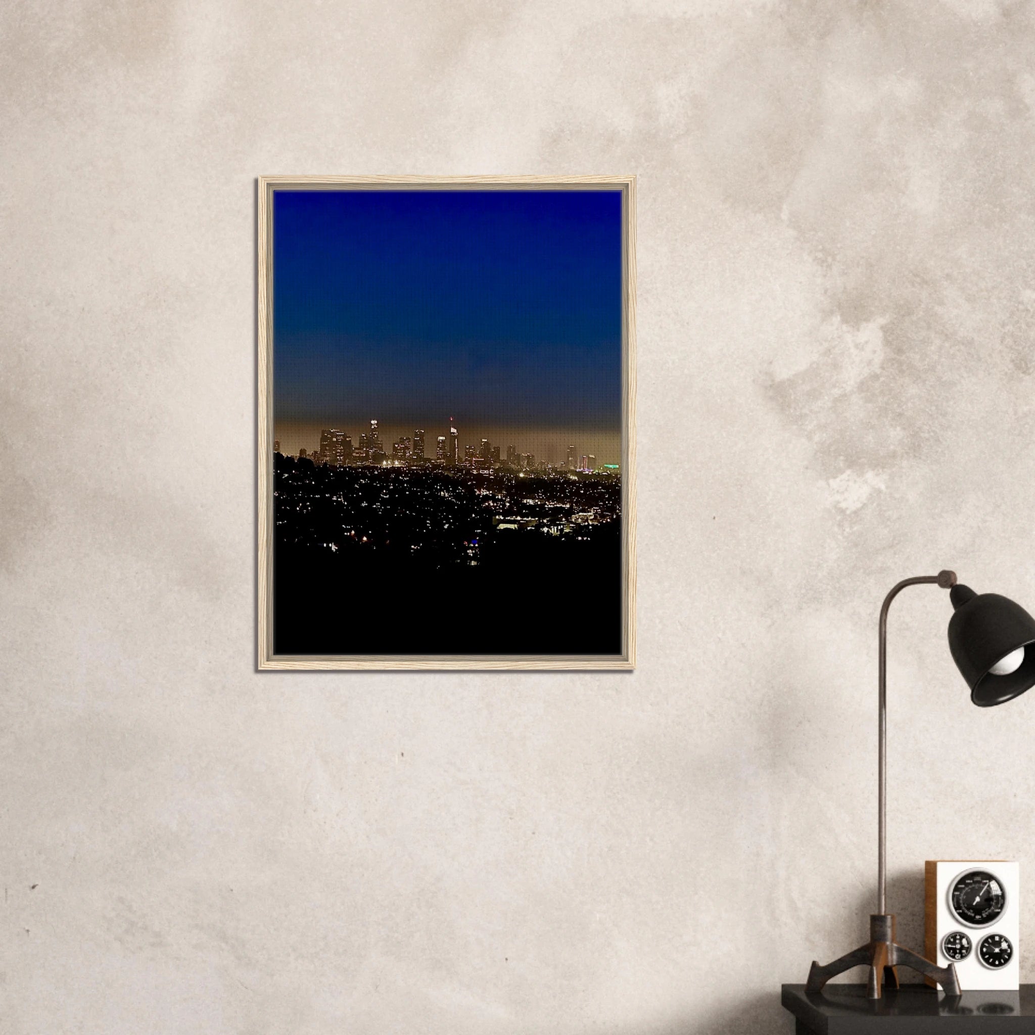 Premium wooden framed canvas print of Los Angeles Downtown Nightglow, elegant home wall art, California studio edition, 20x30 cm.