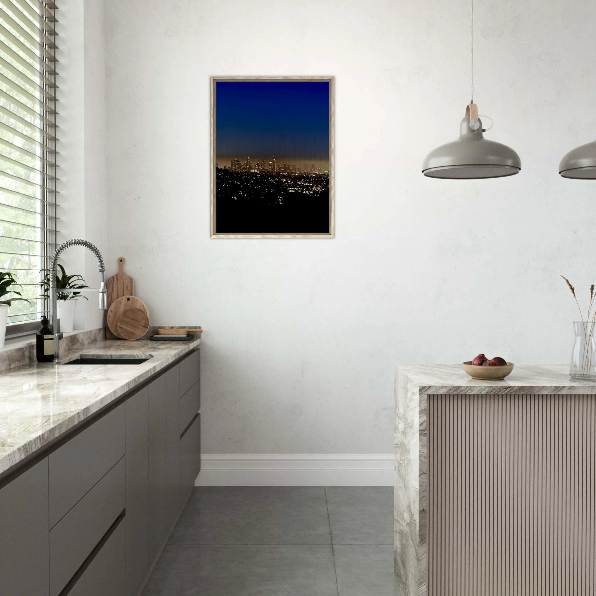 Premium wooden framed canvas print of Los Angeles Downtown Nightglow, elegant California wall art in 20x30 cm size.