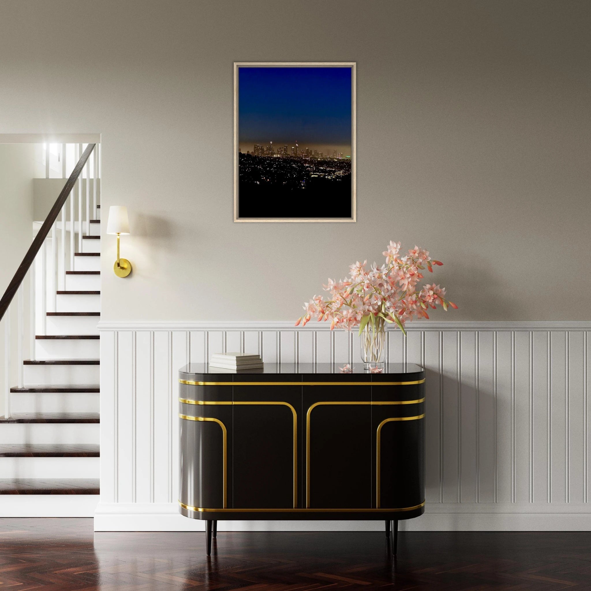 Premium wooden framed canvas print of Los Angeles Downtown Nightglow, elegant wall art for home decor, California Studio Edition.