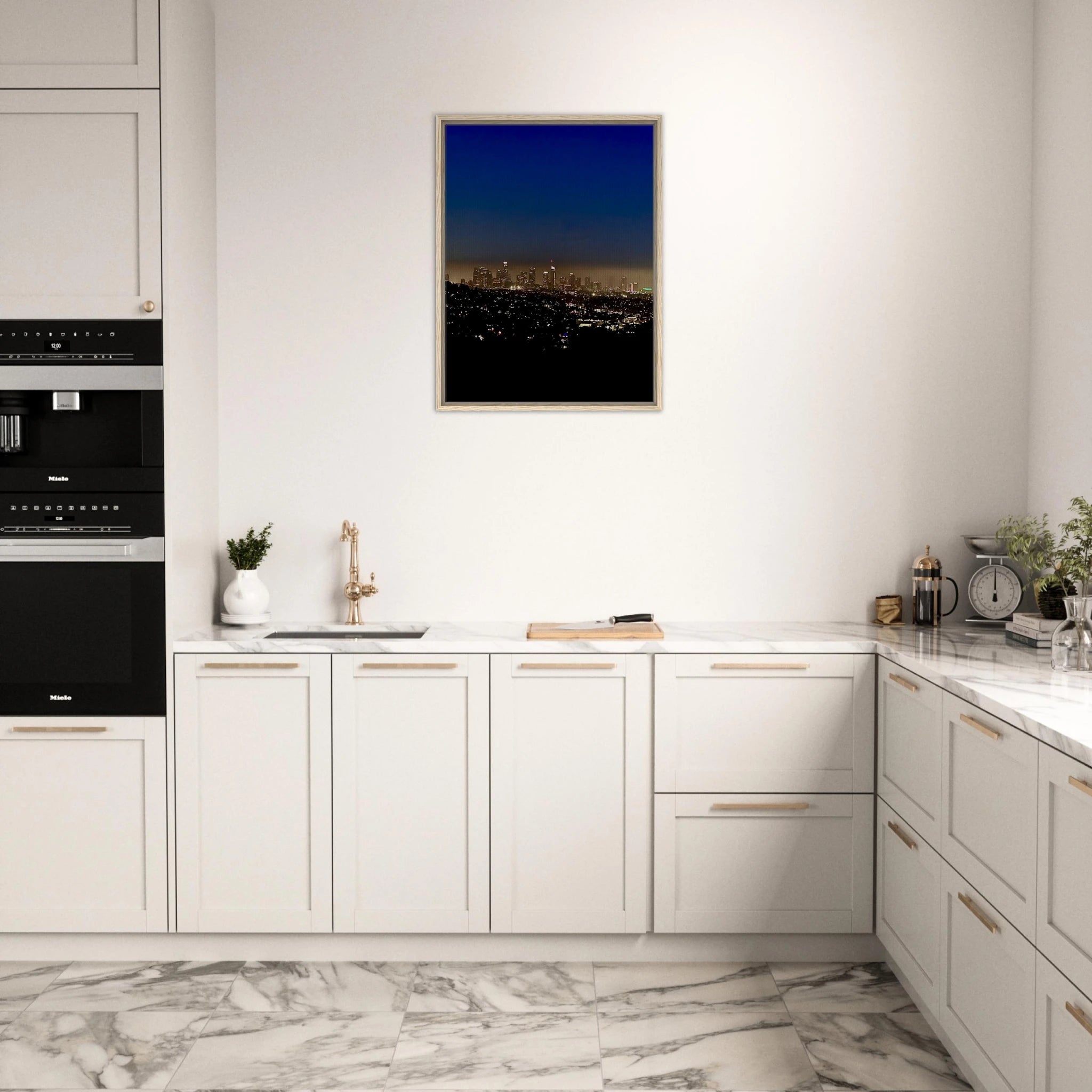 Premium wooden framed canvas print of Los Angeles Downtown Nightglow, elegant home wall art, California studio edition, 20x30 cm.