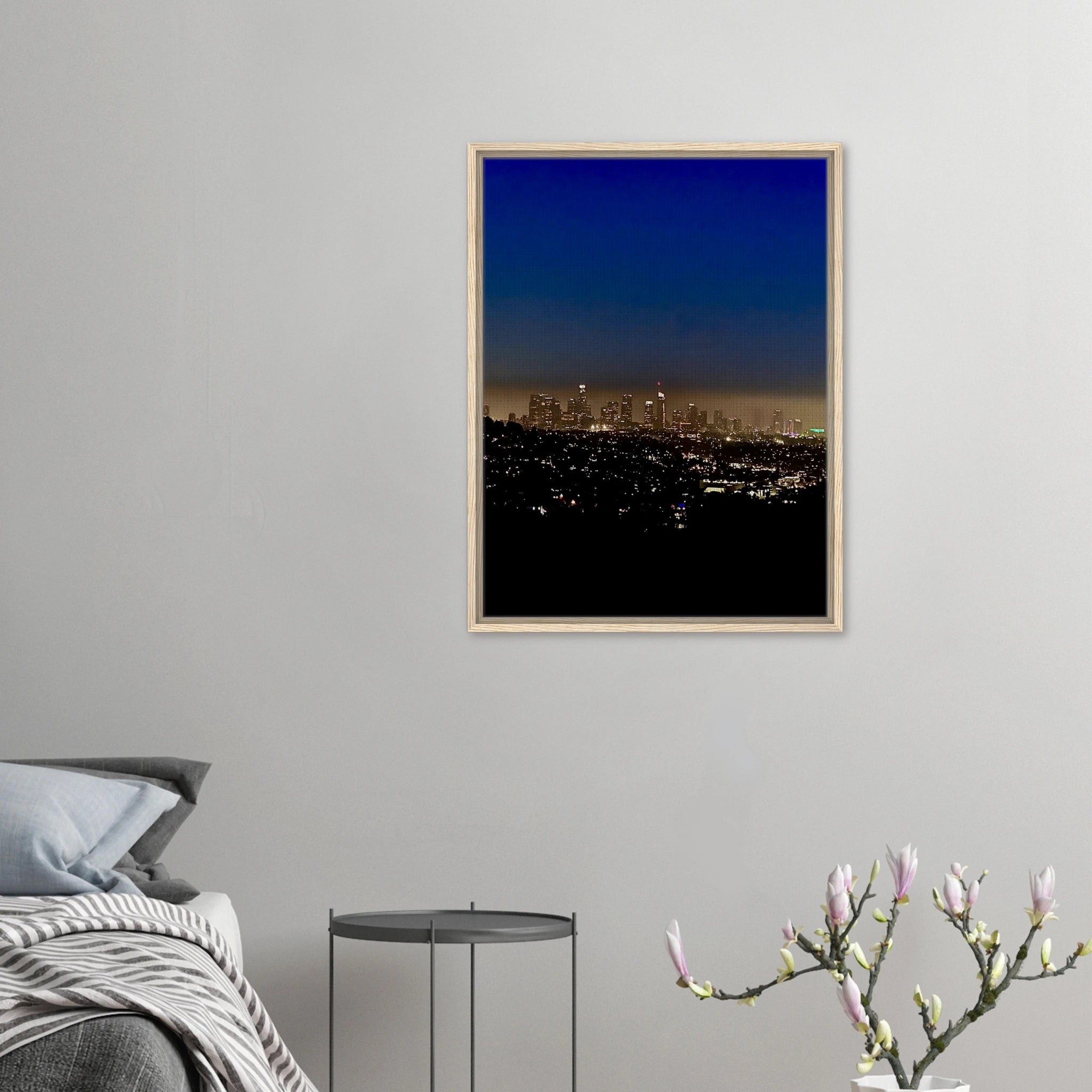 Premium wooden framed canvas print of Los Angeles Downtown Nightglow, elegant wall art featuring California cityscape in studio edition.