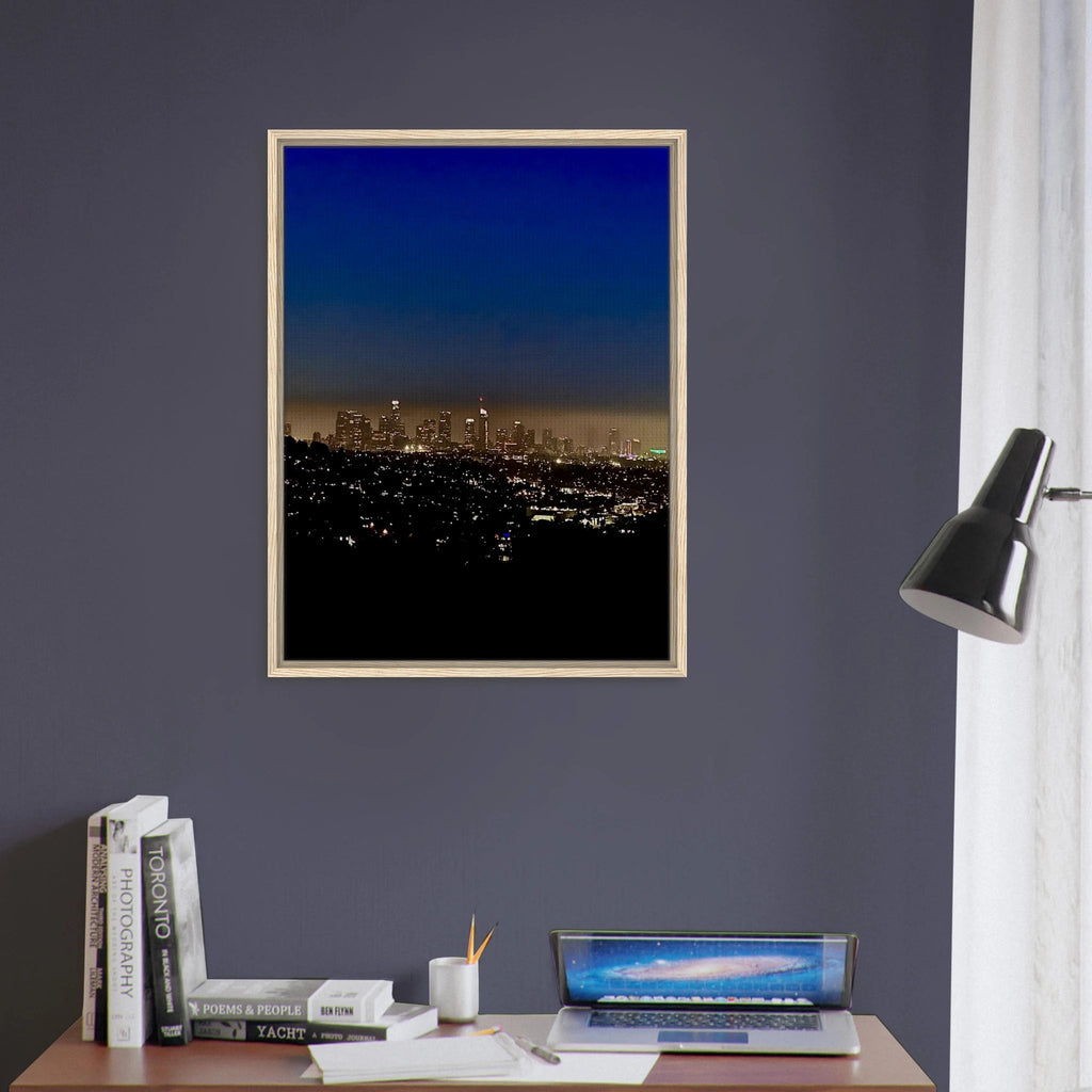 Premium wooden framed canvas print of Los Angeles Downtown Nightglow, elegant home wall art, California studio edition, 20x30 cm.