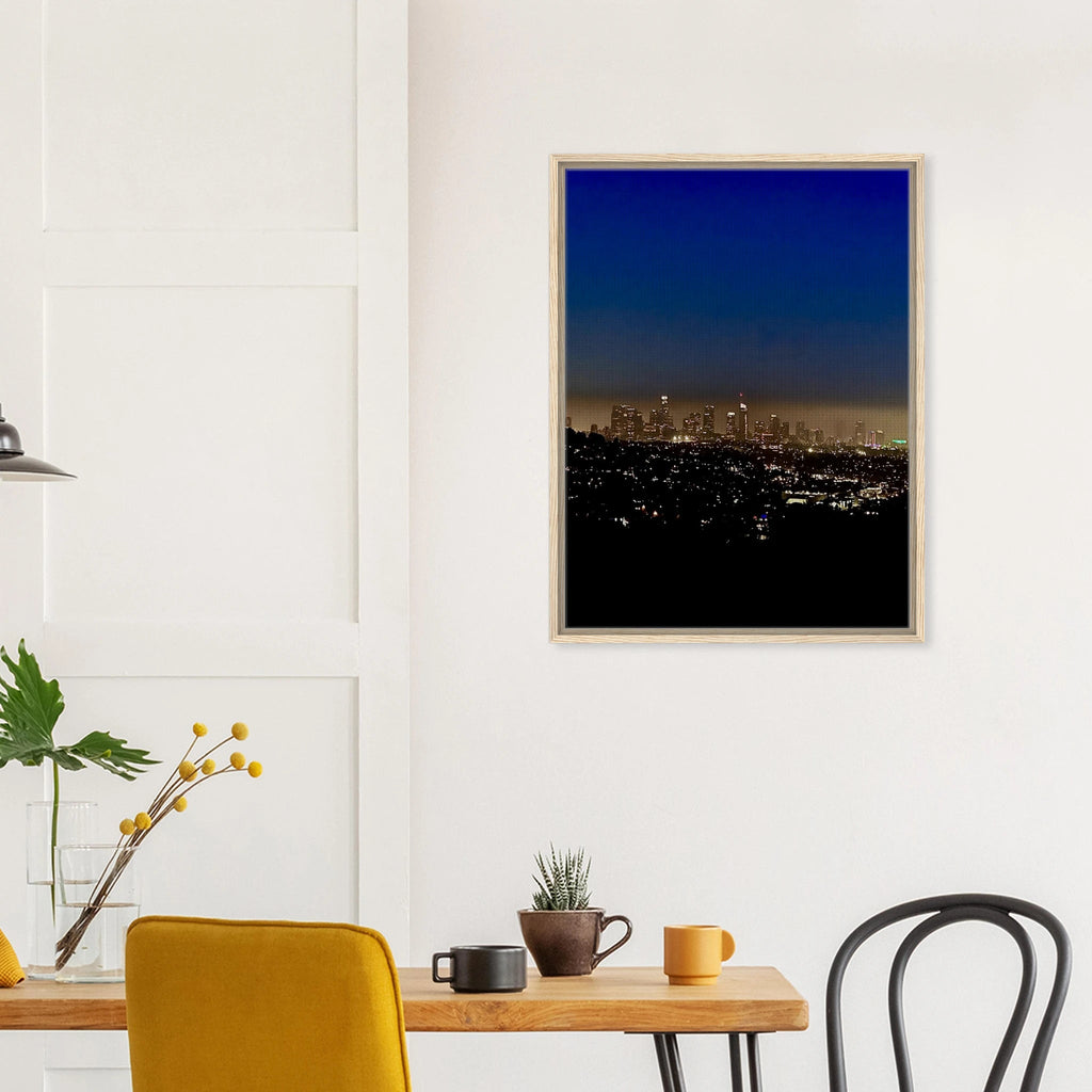 Premium wooden framed canvas print of Los Angeles Downtown Nightglow, elegant home wall art, California Studio Edition, 20x30 cm.