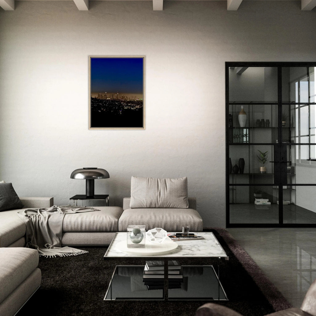 Premium wooden framed canvas print of Los Angeles Downtown Nightglow, elegant home wall art, California Studio Edition, 20x30 cm.