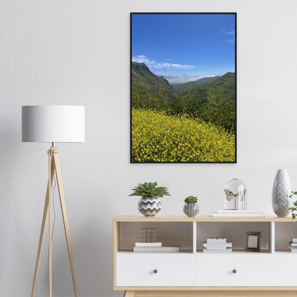 Wooden framed poster of Malibu Canyon wildflowers on museum-quality matte paper, California wall art, studio edition print.