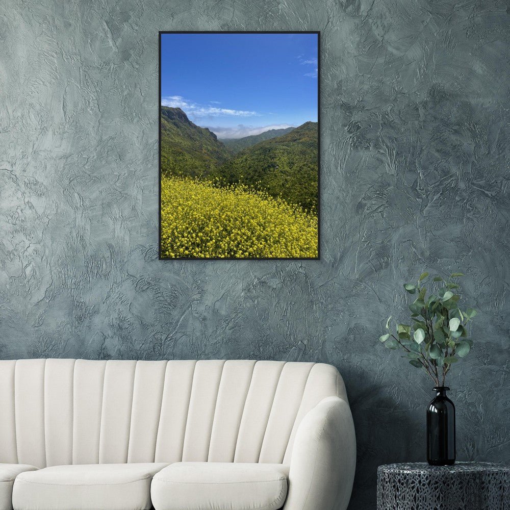 Wooden framed poster of Malibu Canyon wildflowers on museum-quality matte paper, California wall art, studio edition.
