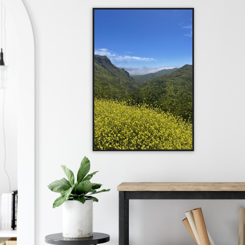 Wooden framed Malibu Canyon Wildflowers poster on museum-quality matte paper wall art, featuring California wildflower scene.