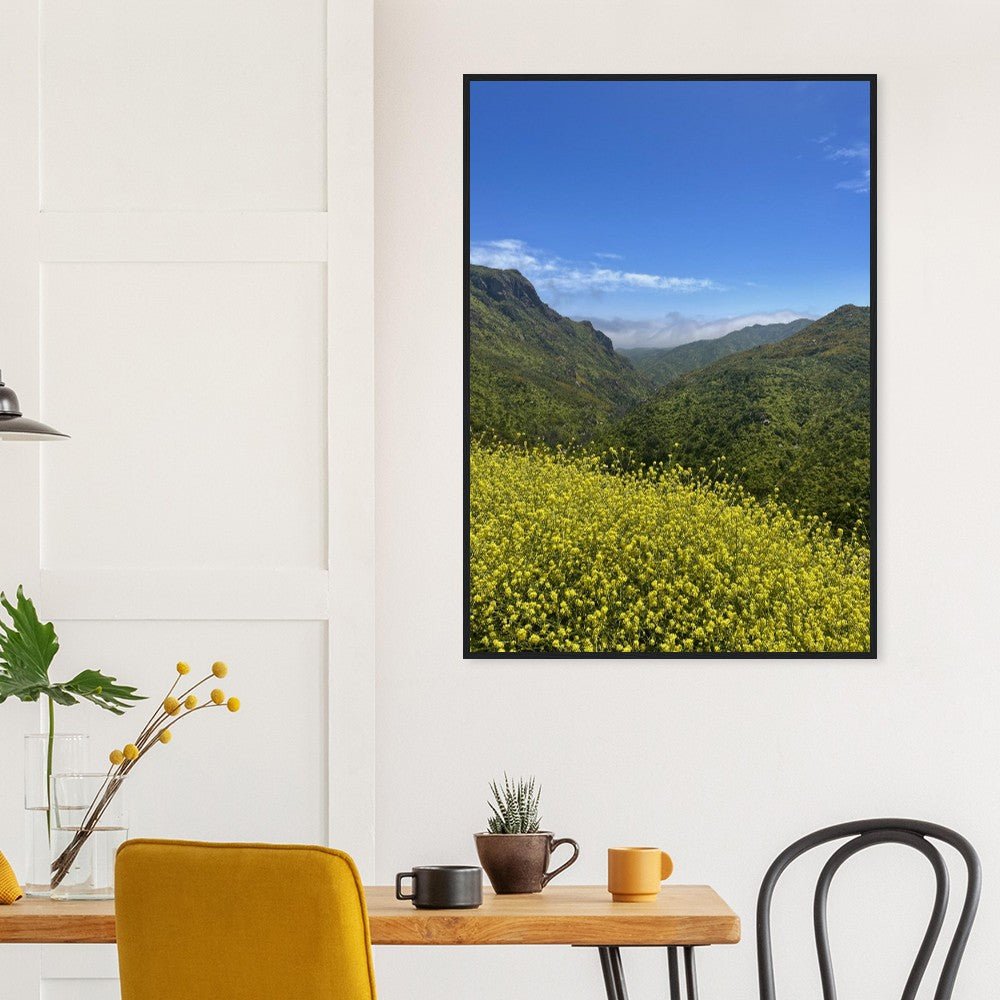 Wooden framed Malibu Canyon Wildflowers poster on museum-quality matte paper wall art showcasing California wildflower scene.