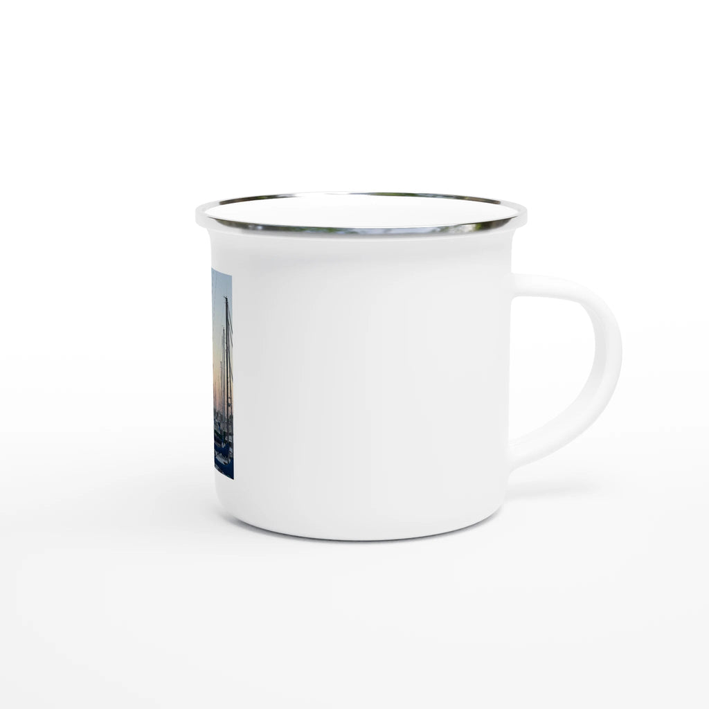Enamel mug with a summer evening Marina Del Rey print, 12oz capacity, featuring vibrant marine-themed artwork on a durable mug.