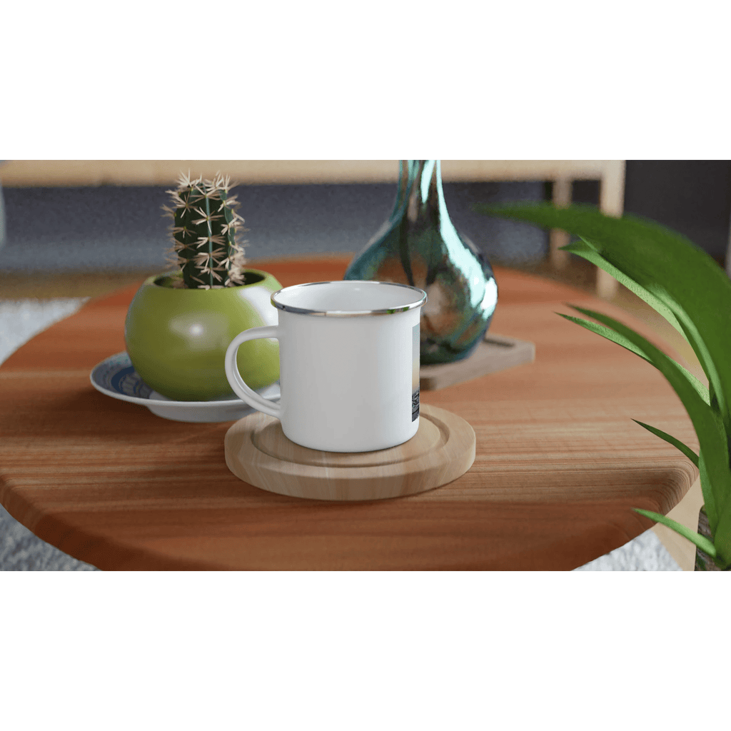 Enamel mug with a summer evening Marina Del Rey print, 12oz capacity, featuring vibrant ocean and marina scene design.