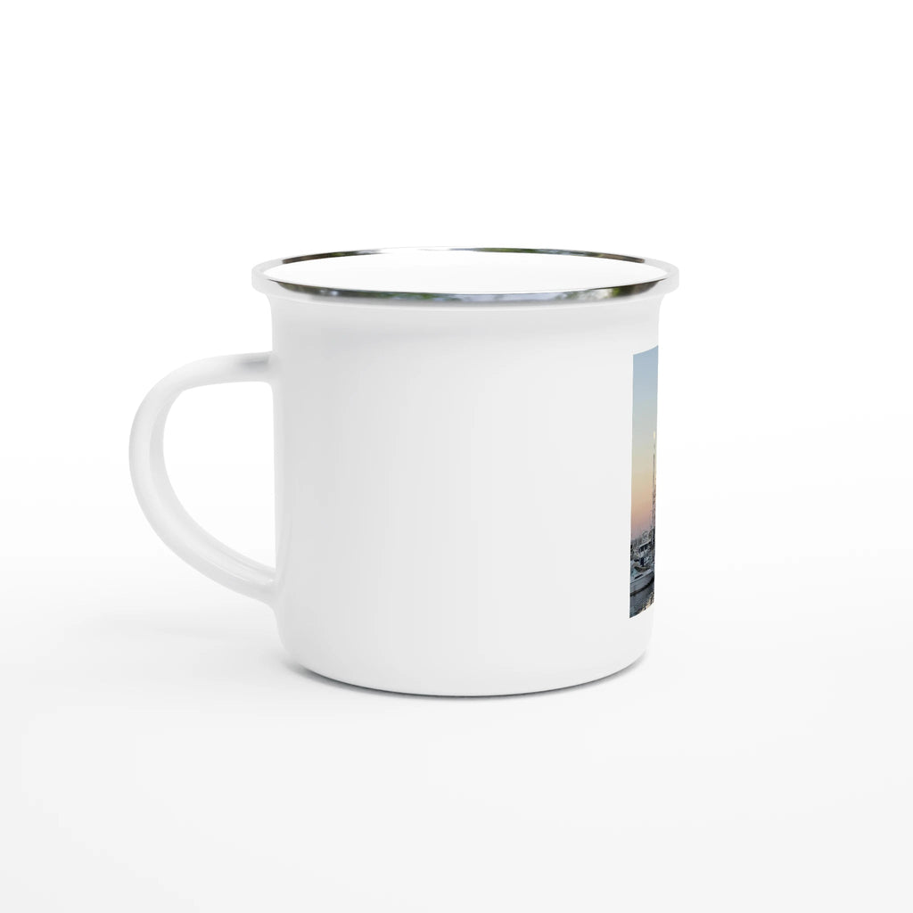 12oz enamel mug featuring a summer evening Marina del Rey print with vibrant colors and scenic marina view.