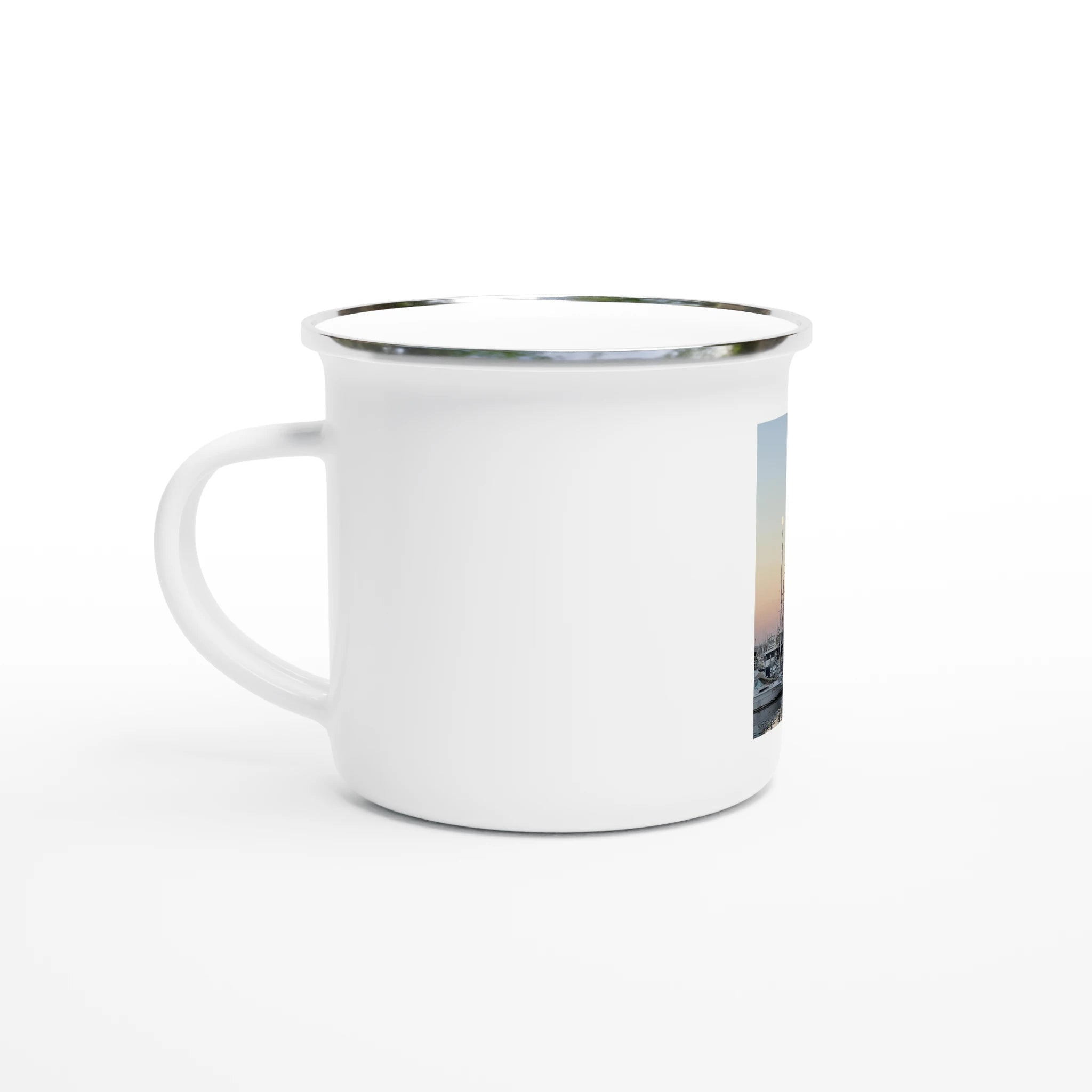 12oz enamel mug featuring a summer evening Marina del Rey print with vibrant colors and scenic marina view.