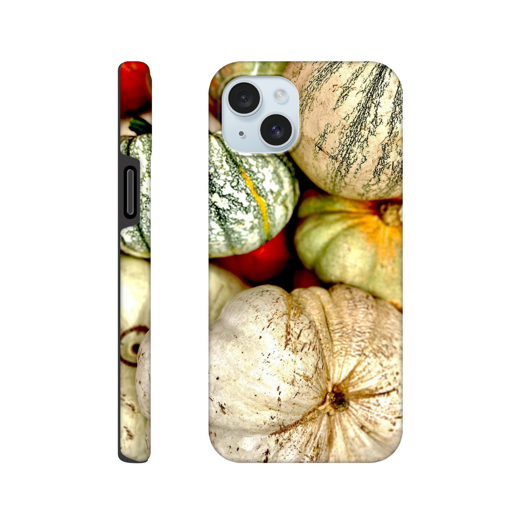 Fall Harvest pumpkin and gourd phone case for iPhone 15 Plus with rustic autumn farmhouse print.