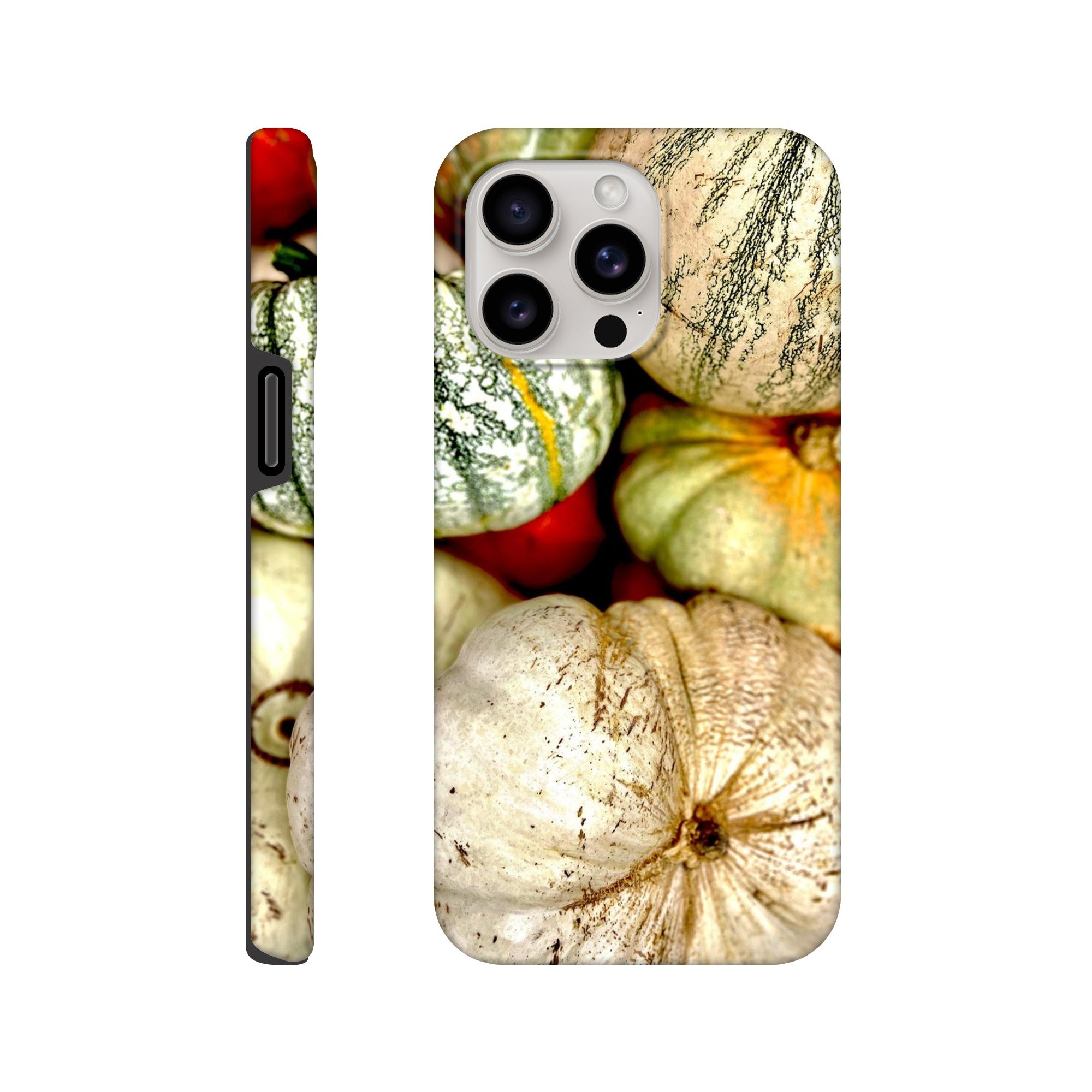 Fall Harvest pumpkin and gourd phone case with rustic autumn farmhouse design for iPhone 15 Plus, made of print material.