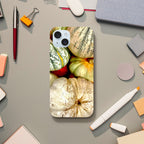 Fall harvest pumpkin and gourd phone case with rustic autumn farmhouse print for iPhone 15 Plus, made of print material.