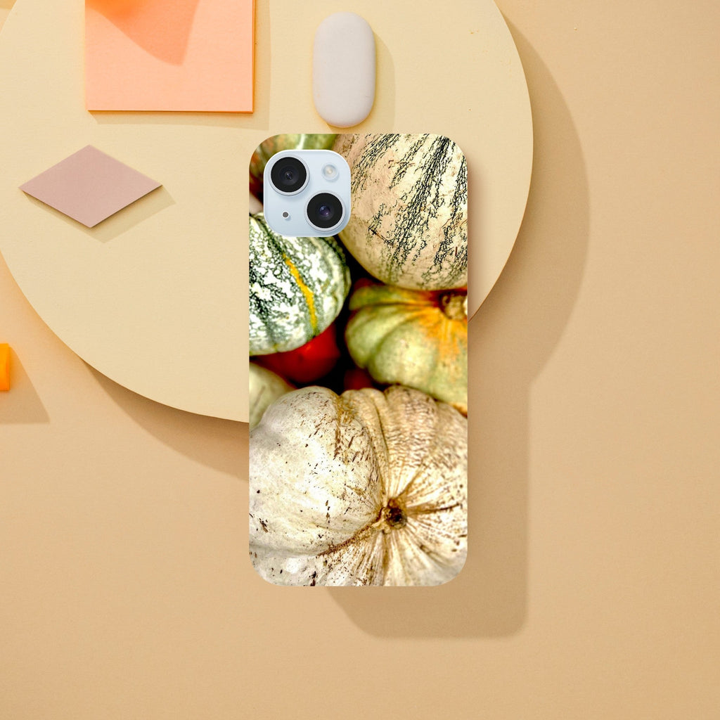 Print material pumpkin and gourd phone case featuring rustic autumn farmhouse design for iPhone 15 Plus.