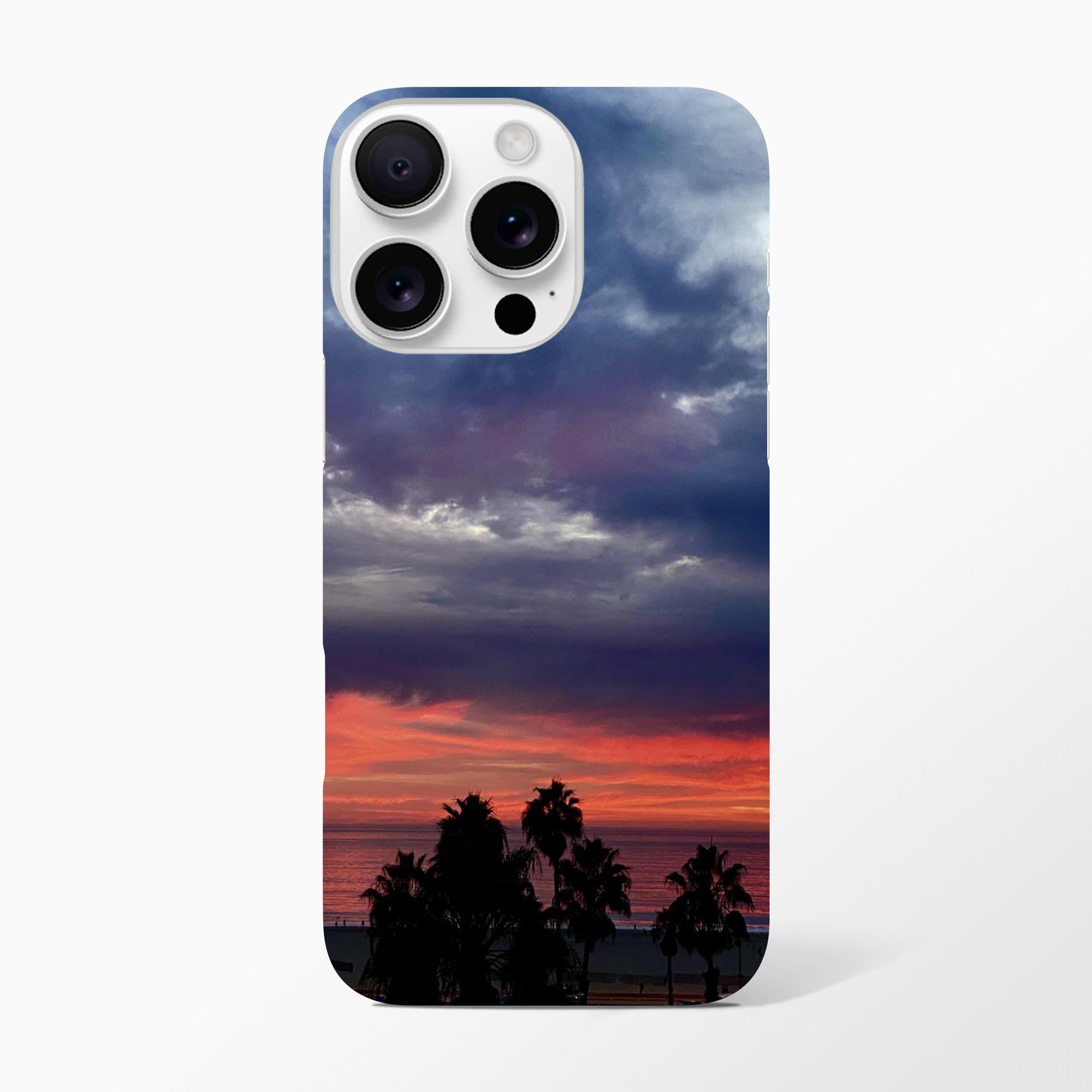 Dramatic sunset iPhone 16 Pro Max slim case with Venice Beach design, featuring vibrant sunset and beach scene print.