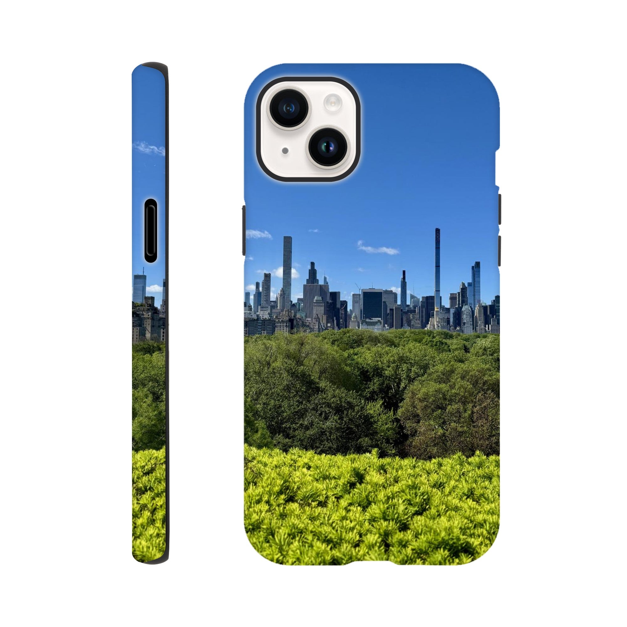 NYC Central Park Skyline tough phone case with summer vibes, compatible with all iPhone models, featuring vibrant cityscape print.
