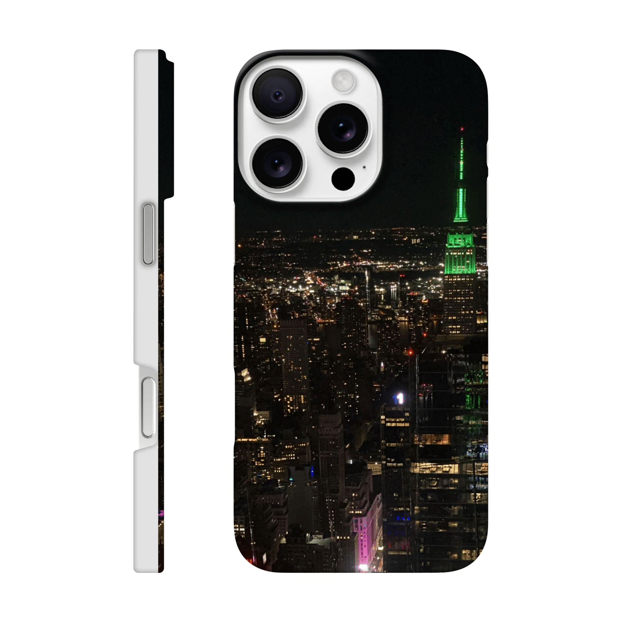 NYC skyline night phone case for iPhone 16 Pro Max, sleek slim design with durable protection, featuring cityscape print.