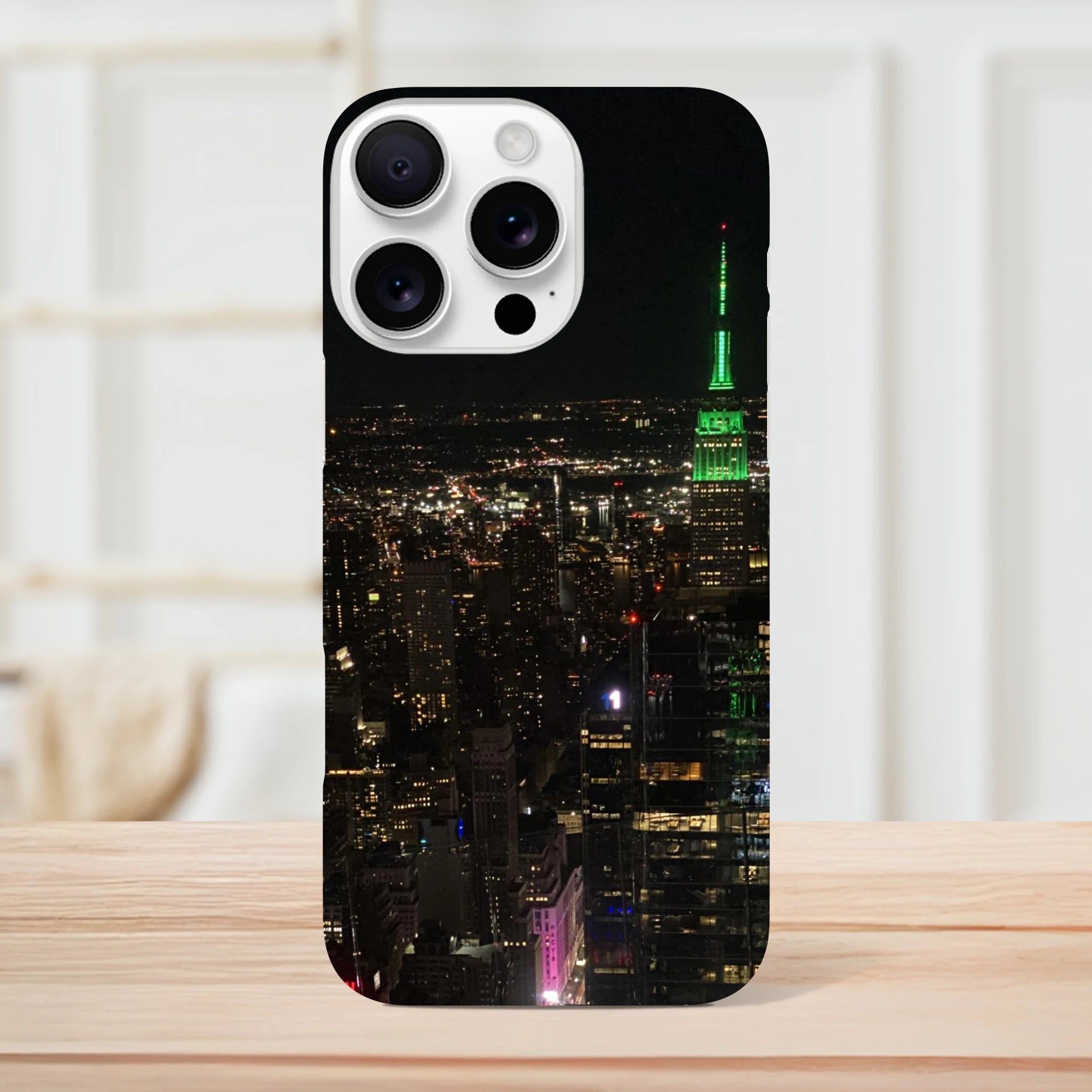 NYC Skyline night phone case for iPhone 16 Pro Max, sleek slim design with durable protection, featuring cityscape print.