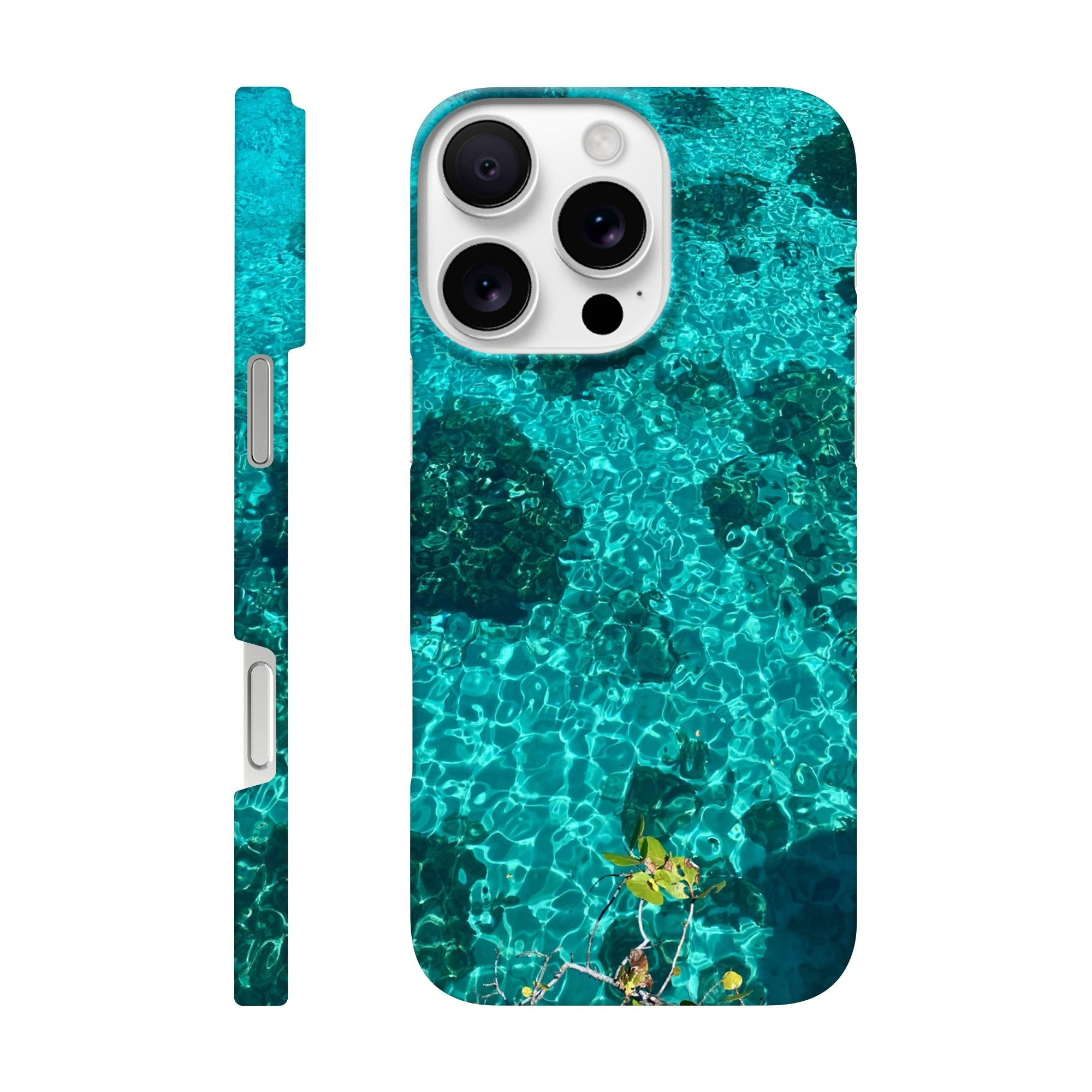 Blue slim iPhone 16 Pro Max cover with artistic beach print, durable and trendy protective case for her.