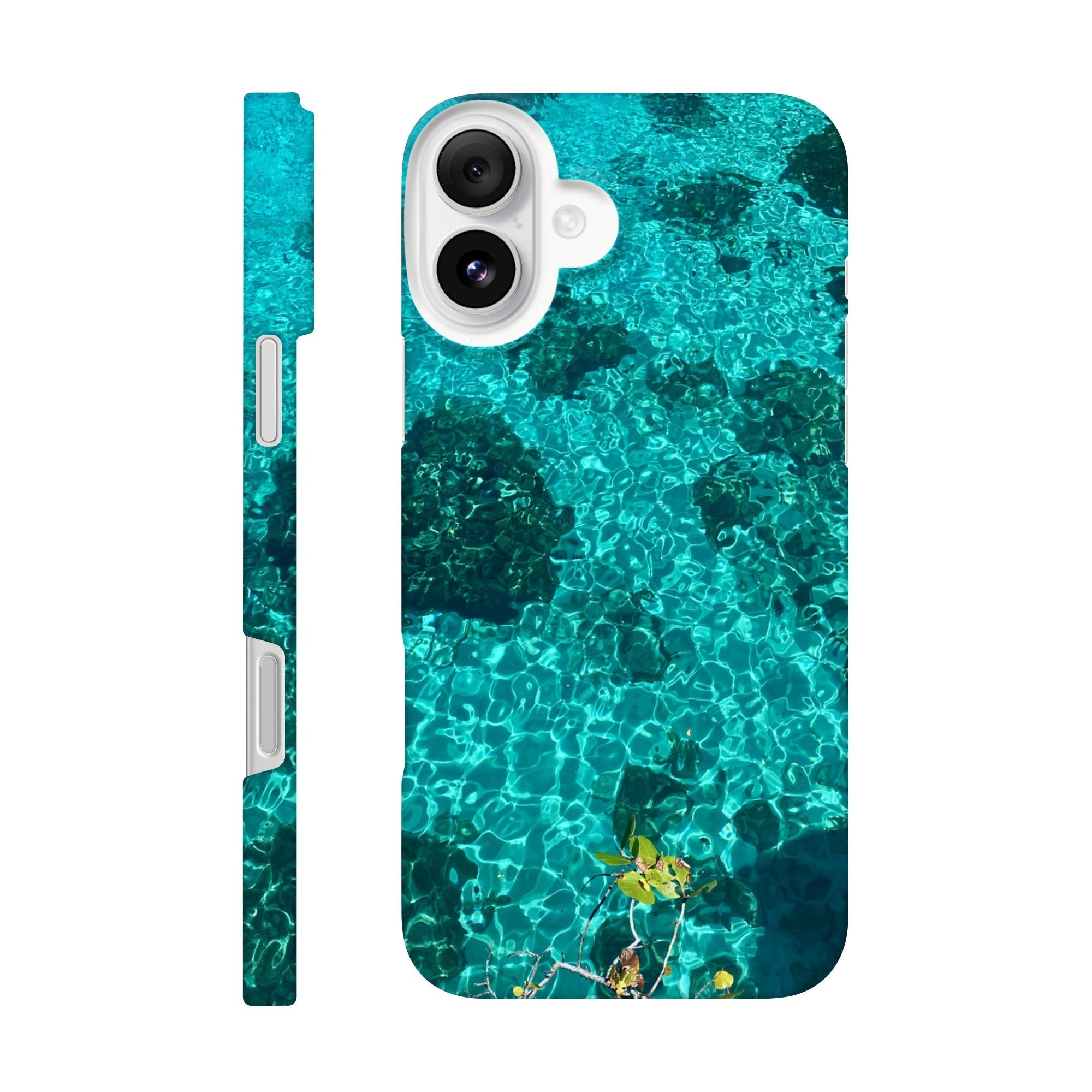 Blue slim iPhone 16 Pro Max case with beach-themed print, durable and artistic, designed for trendy, protective phone coverage.
