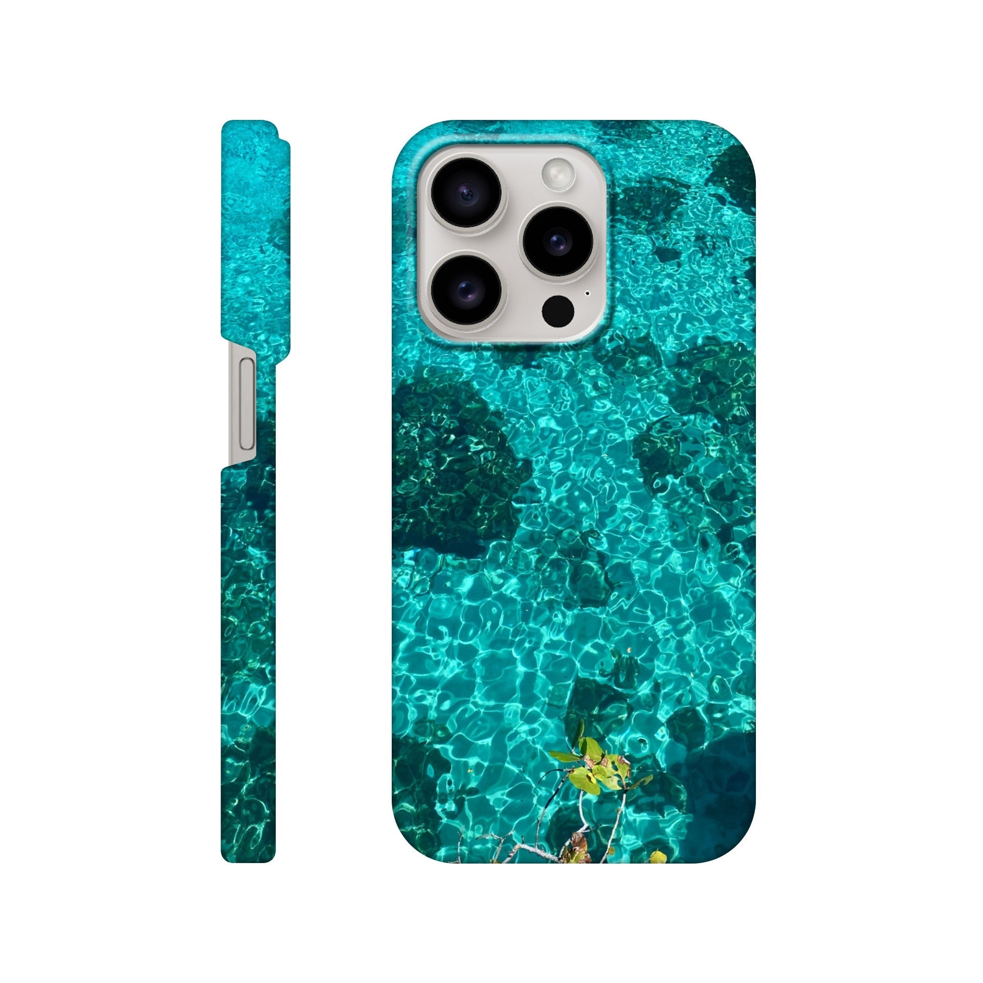 Blue slim iPhone cover with artistic beach print, durable protective case for iPhone 16 Pro Max, stylish gift for her.